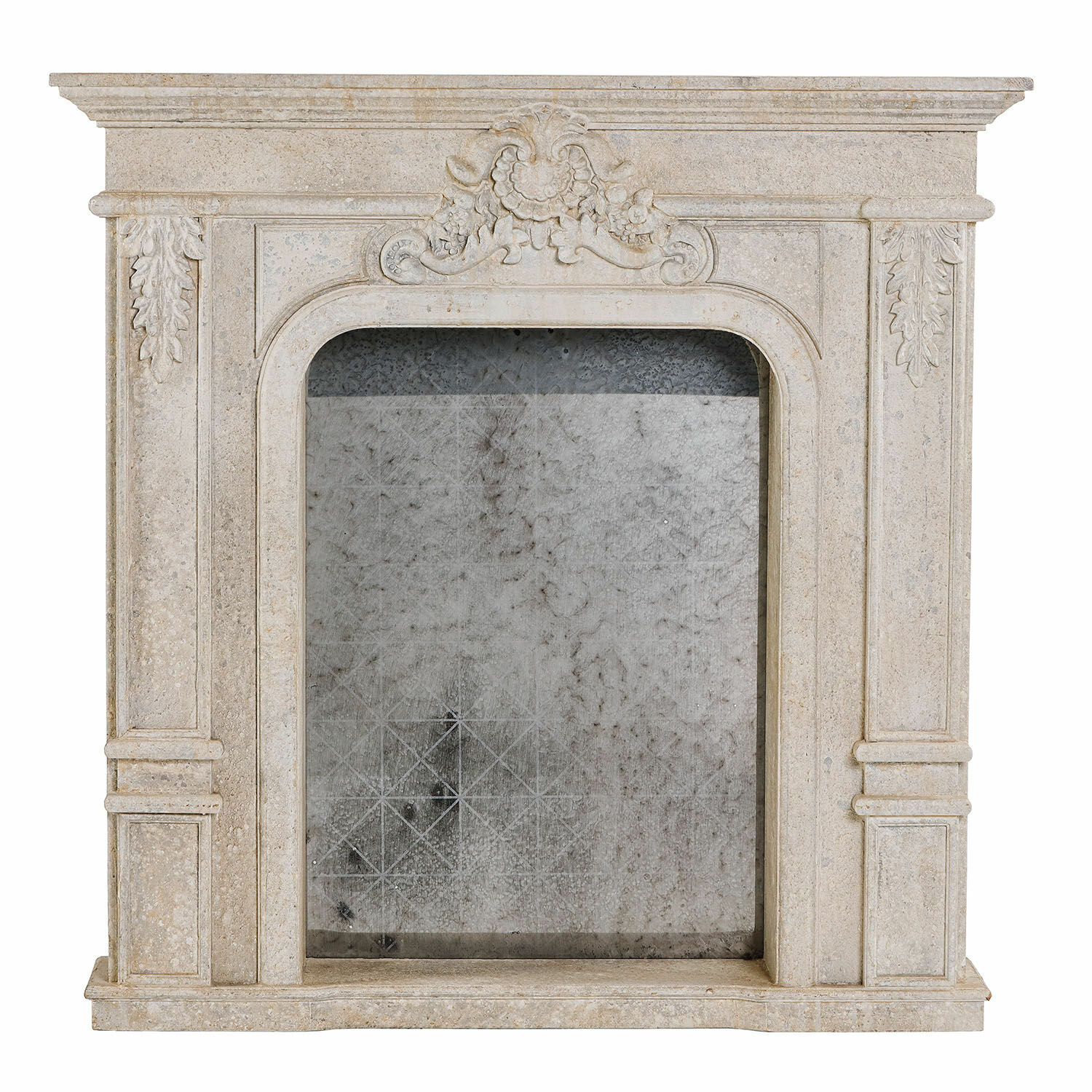 blanc vieilli Console de cheminée Rethonvillers en pierre blanche antique avec ornements sculptés décoratifs