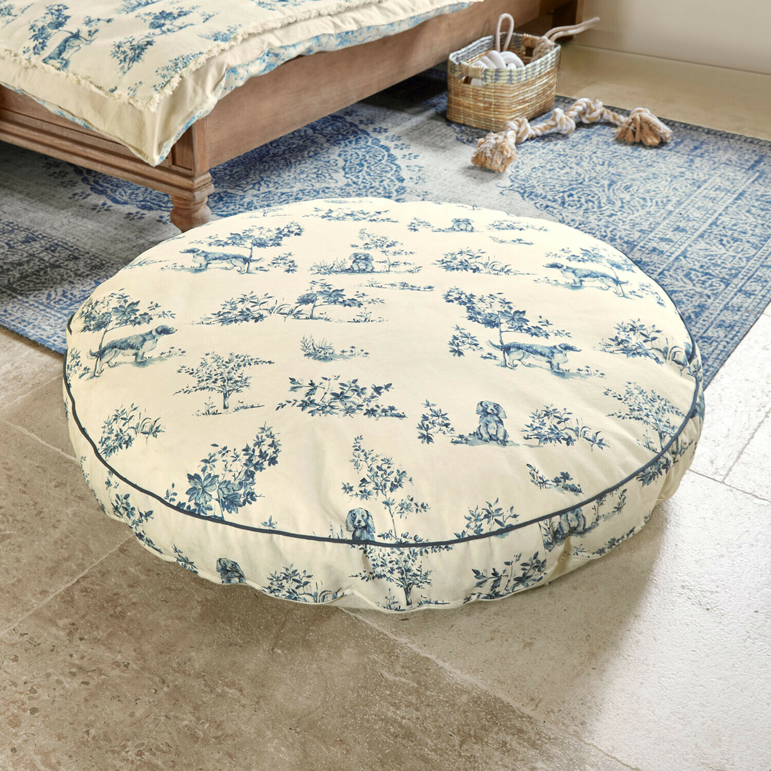 Coussin pour chien Ymélorine Coussin de sol rond en coton crème avec motif bleu de chiens et plantes, décoratif et confortable