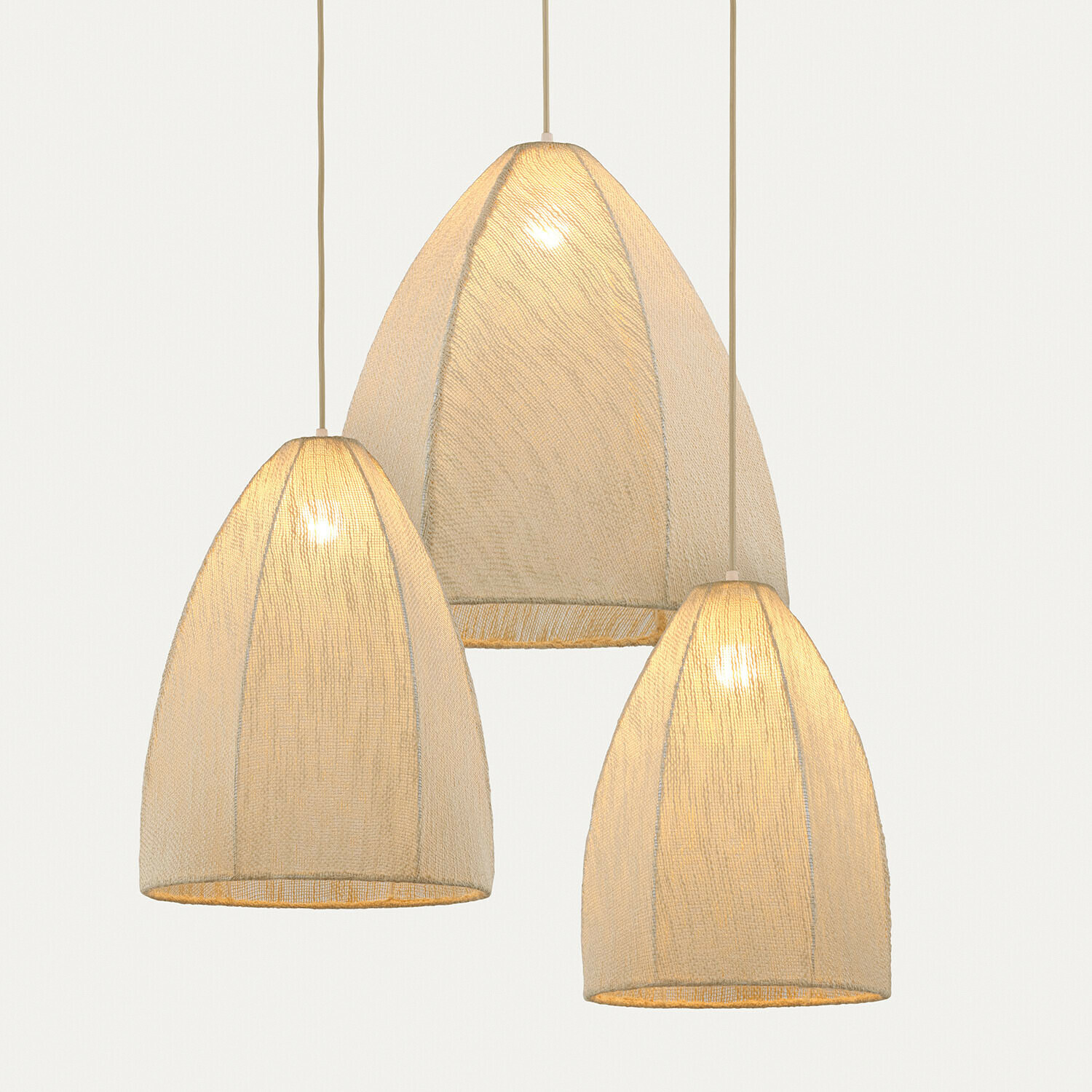 Lot de 3 suspensions Reveaux Trois suspensions avec abat-jours en tissu clair texturé, éclairage moderne pour intérieur chaleureux
