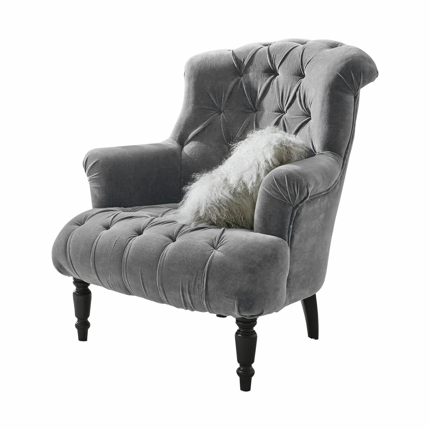 Fauteuil Parranquet Fauteuil en velours gris avec dossier capitonné et pieds en bois noir, coussin blanc moelleux