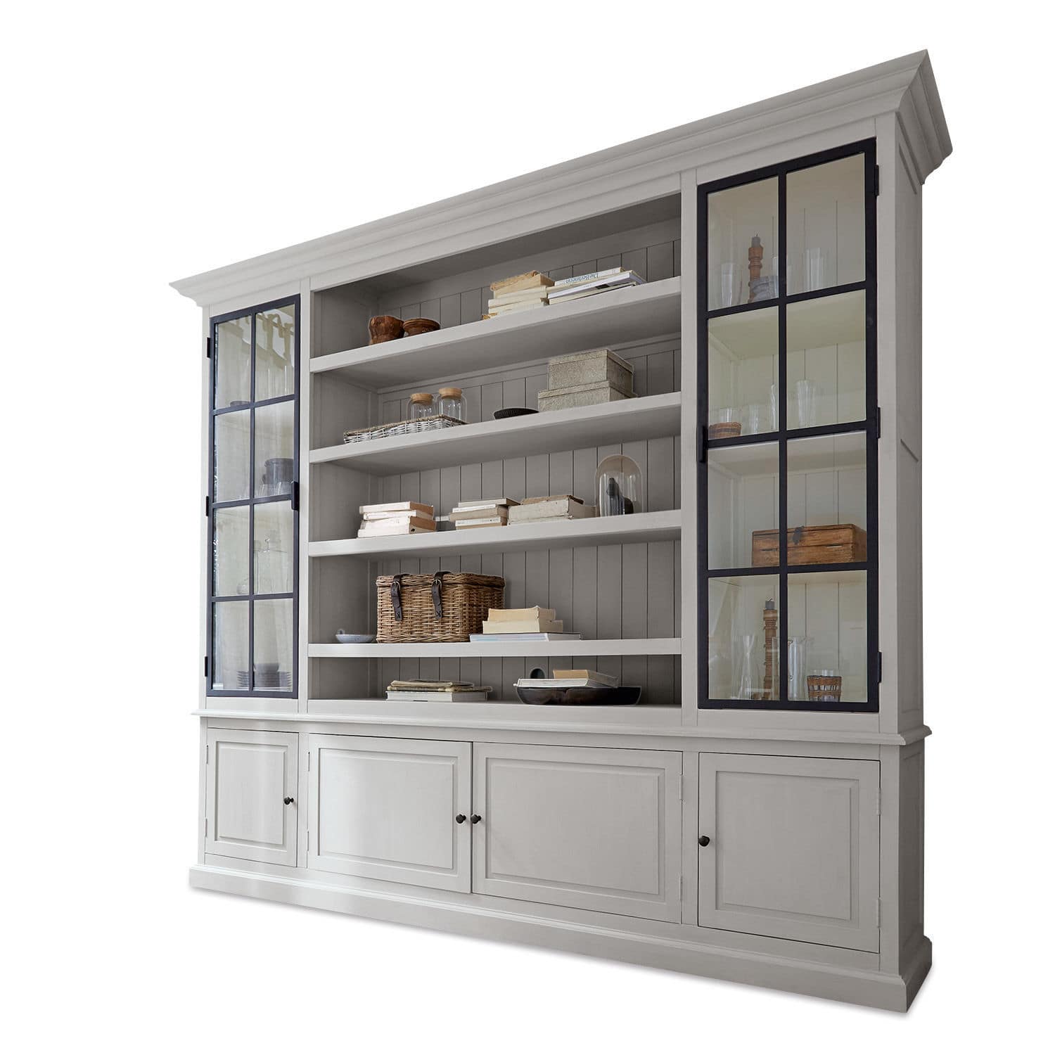 Meuble TV Pratola Grande vitrine en bois blanc avec portes vitrées et étagères pour livres et décorations