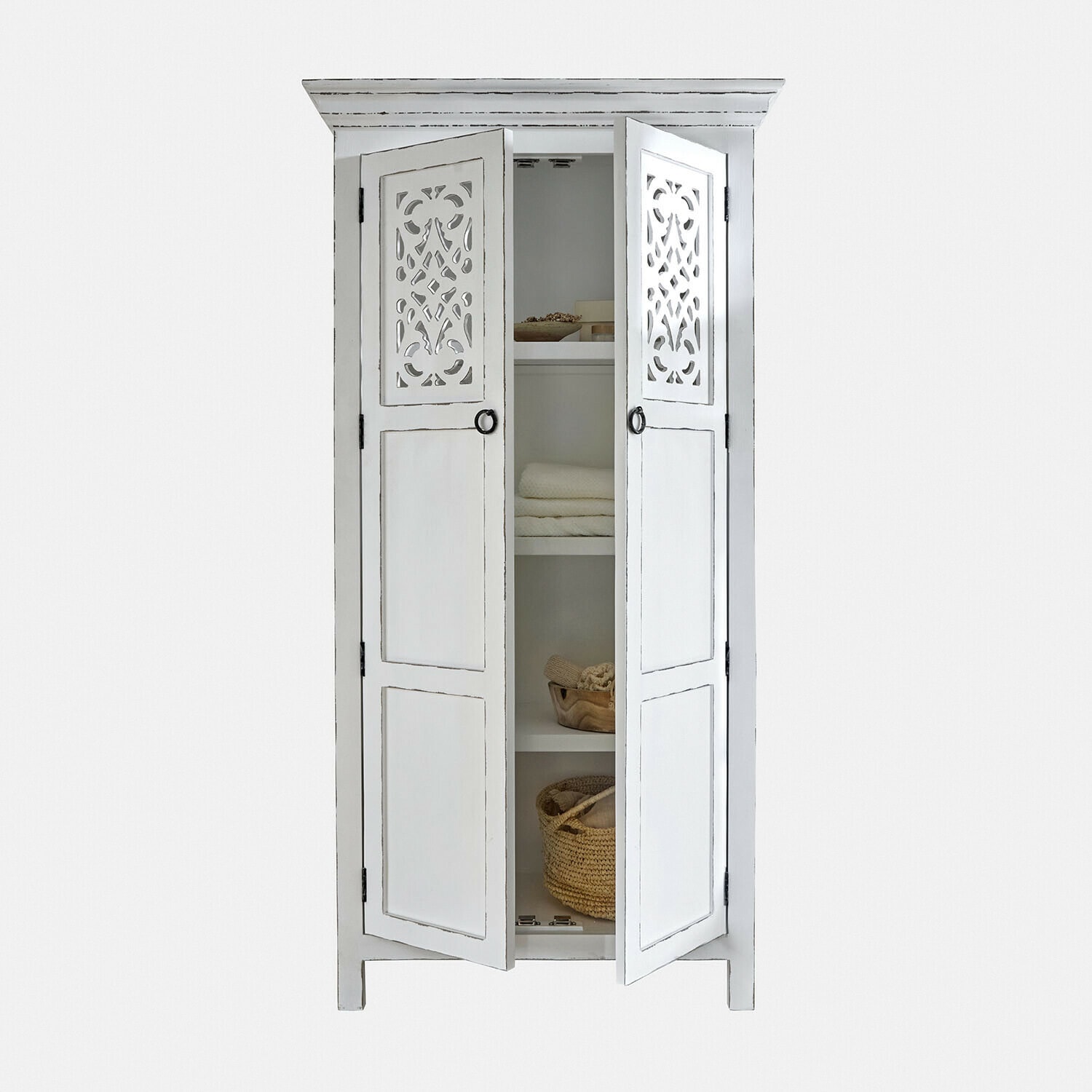 Vitrine Marvoux Armoire en bois blanc avec portes ajourées et étagères pour ranger textiles et paniers décoratifs