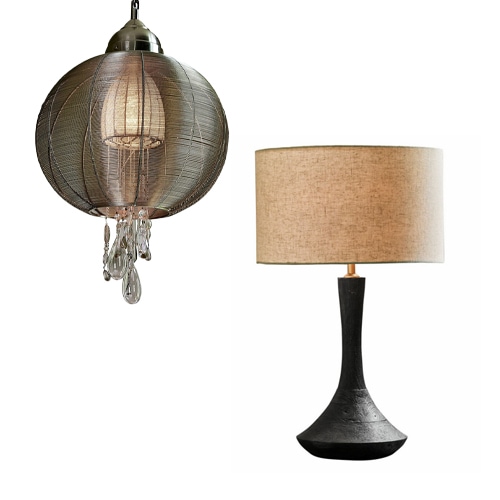 Suspension en métal avec décorations en cristal et lampe de table noire avec abat-jour beige