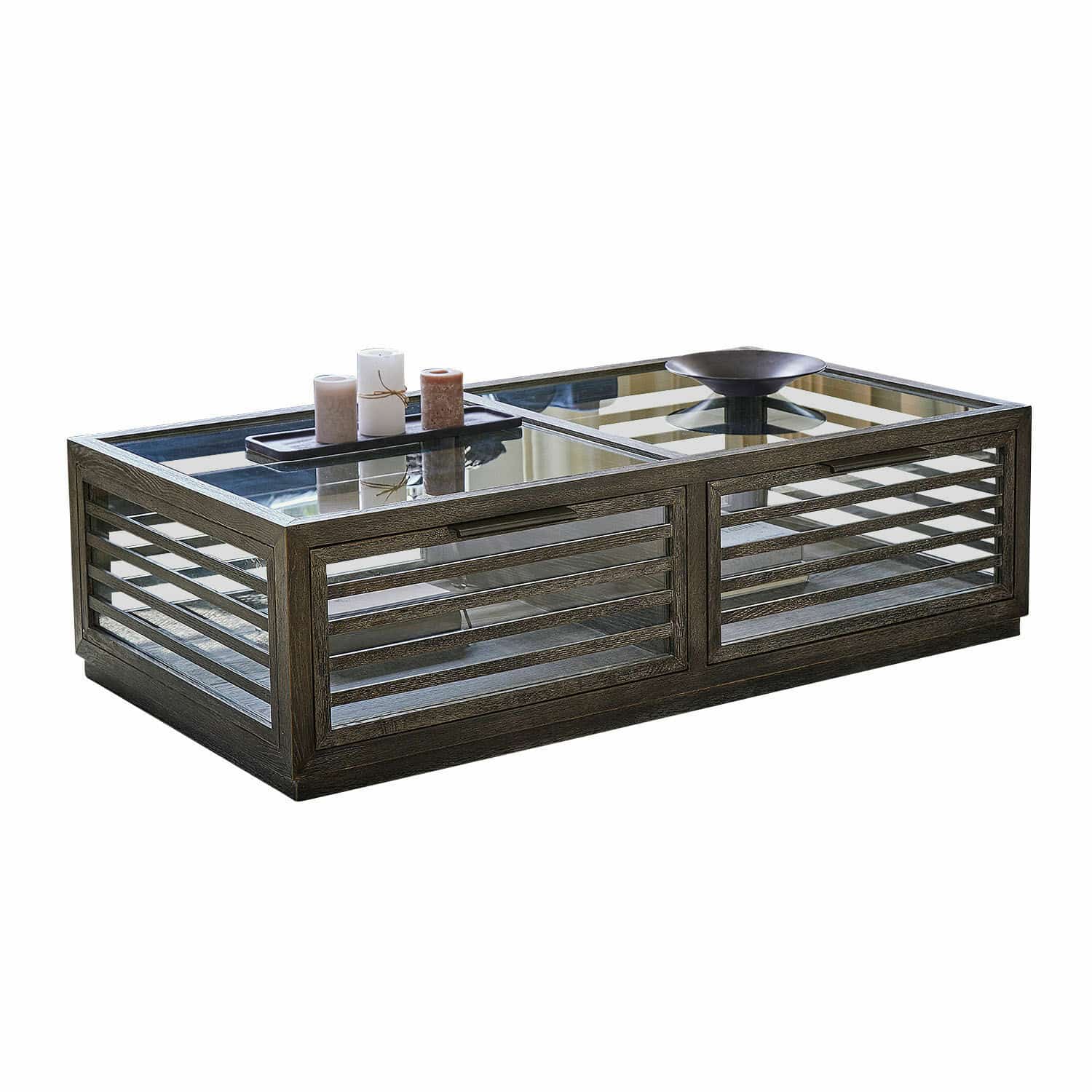 Table basse Trowbridge Table basse en bois foncé avec plateau en verre et bougies décoratives, style moderne et élégant