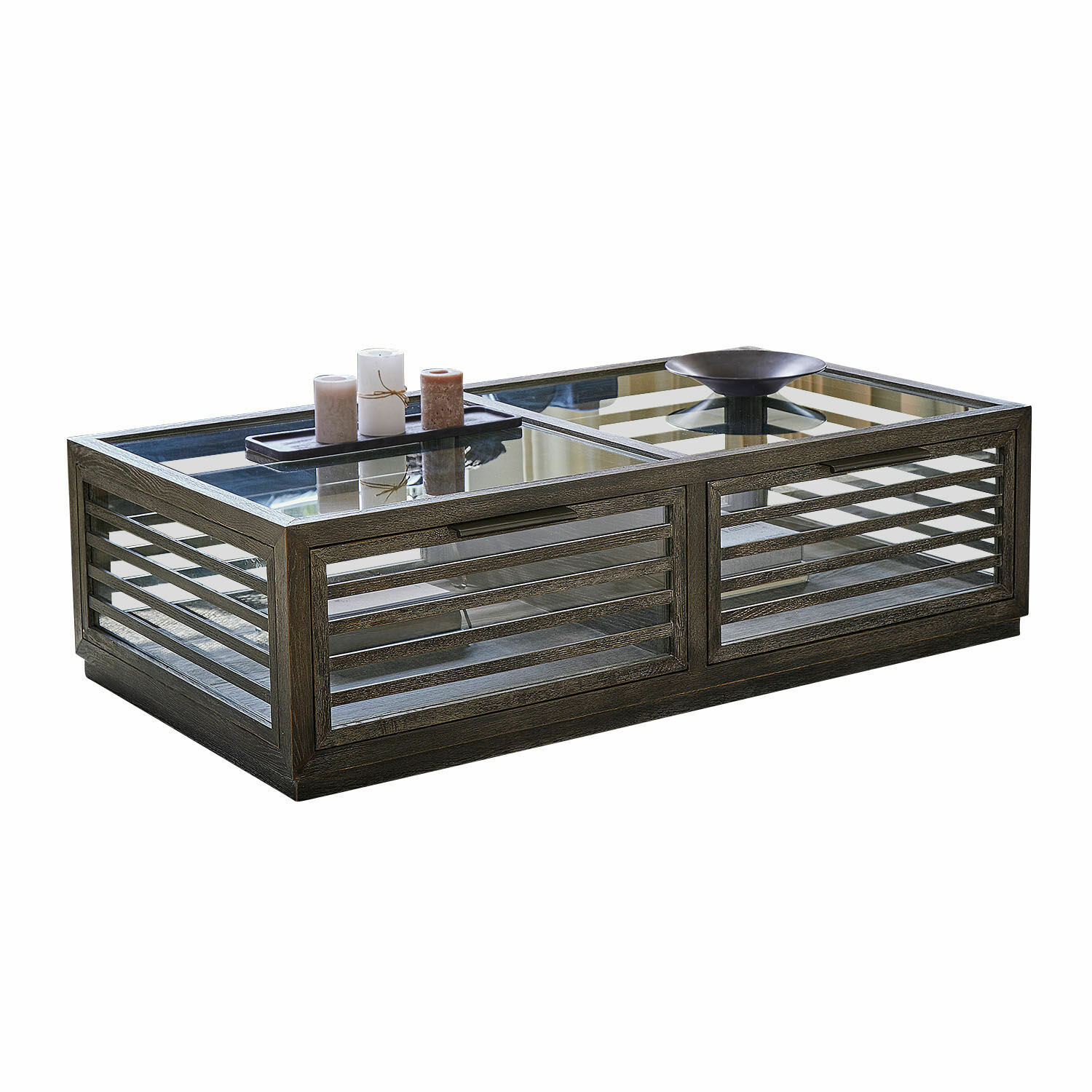 Table basse Trowbridge Table basse en bois foncé avec plateau en verre et bougies décoratives, style moderne et élégant