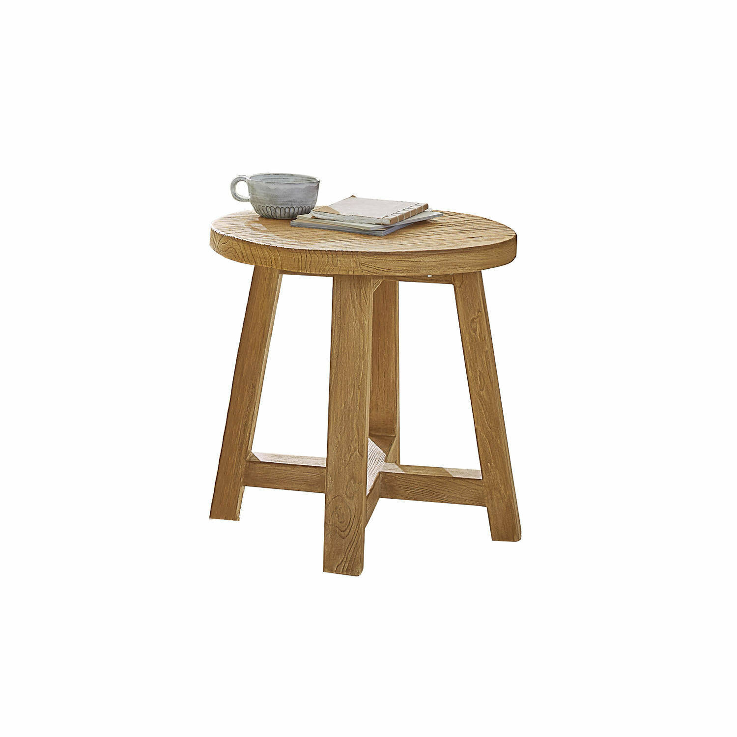 Table d'appoint Gorivel Table d'appoint ronde en bois naturel avec tasse et livres posés dessus