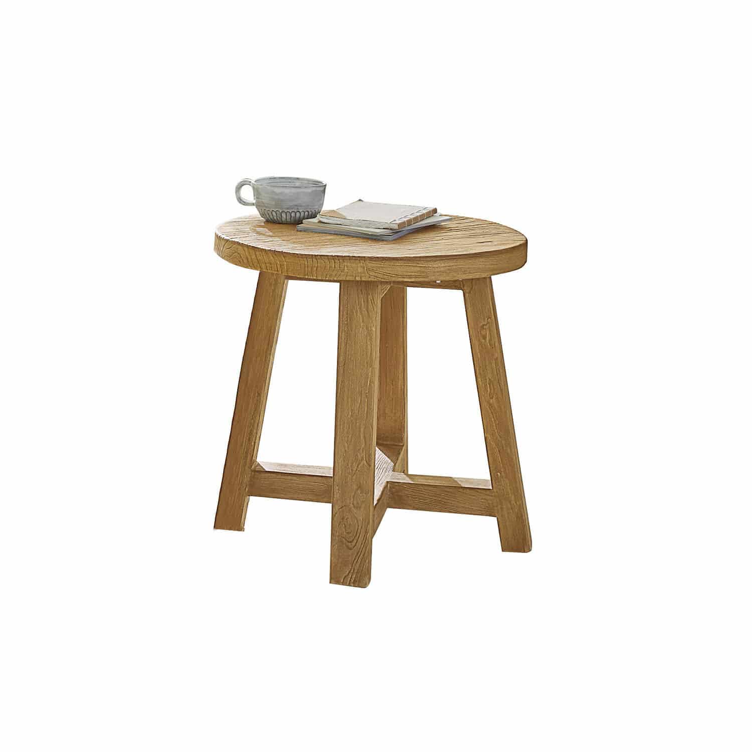 Table d'appoint Gorivel Table d'appoint ronde en bois naturel avec tasse et livres posés dessus