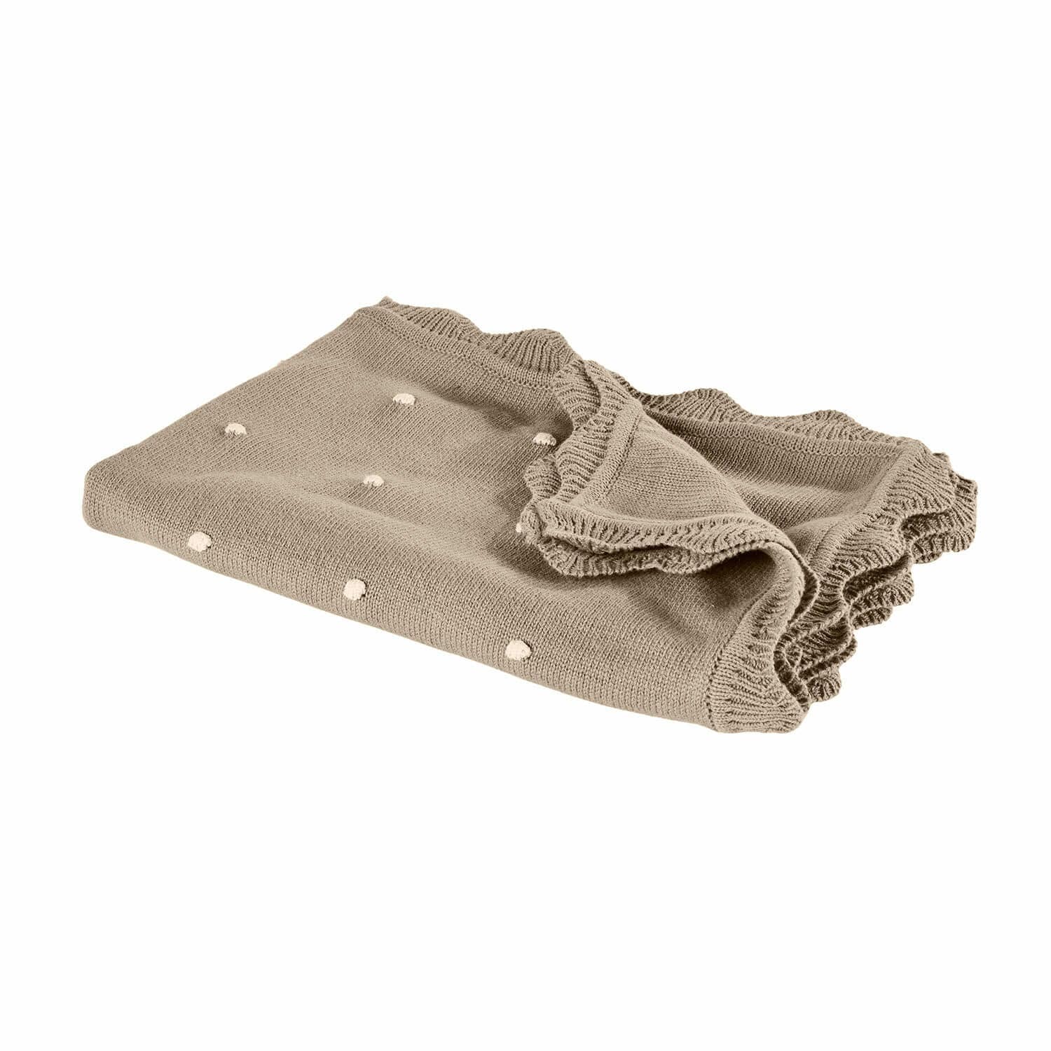 marron Plaid Saphie marron en tissu doux avec pompons décoratifs et bordure volantée, parfait pour salon