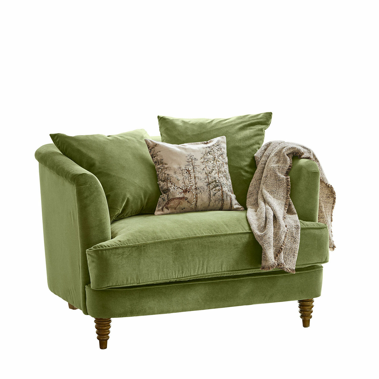 Fauteuil Etueffont Canapé vert en tissu doux avec coussins et plaid beige, meuble confortable pour salon moderne