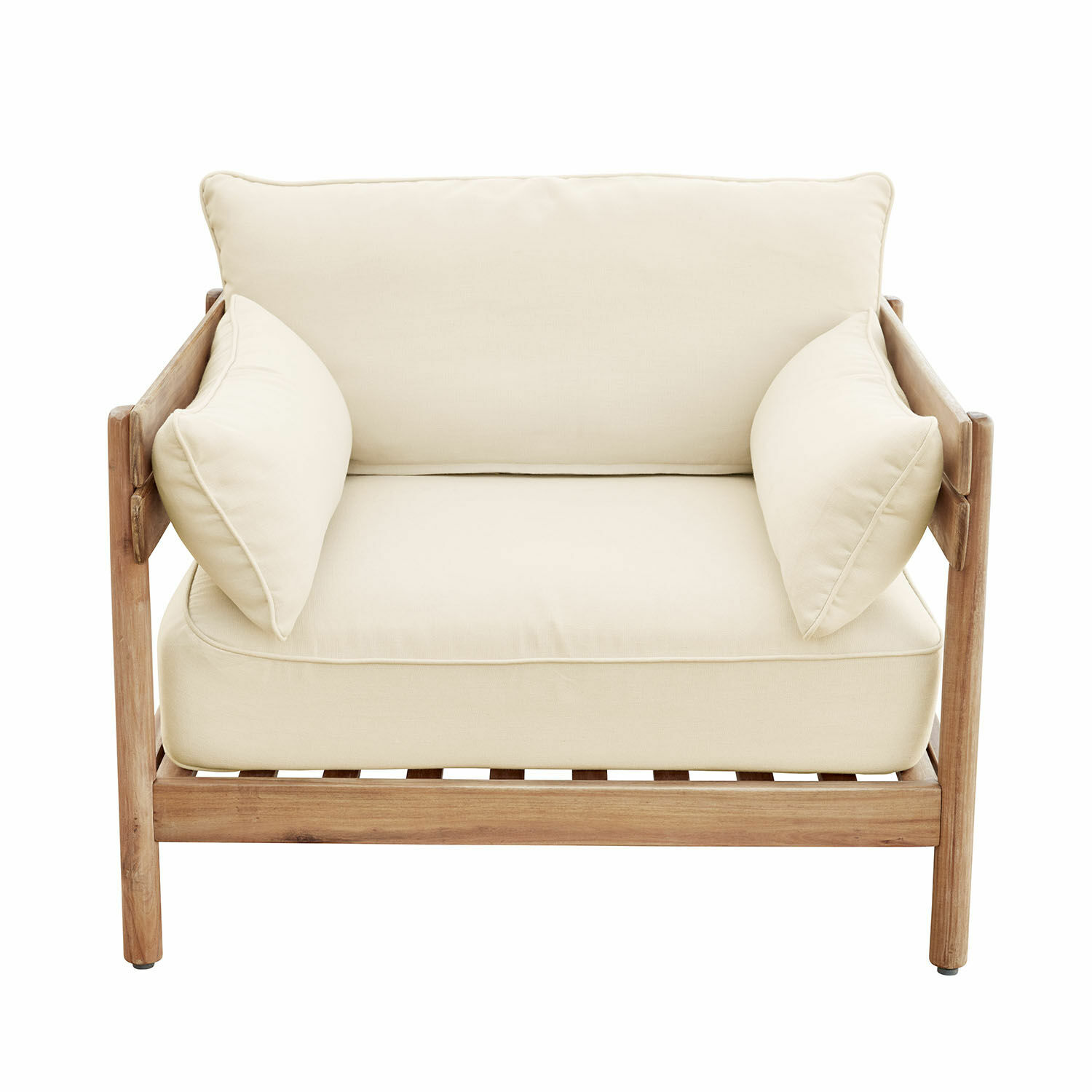Fauteuil Montivaux en bois FSC brun beige avec coussins beiges moelleux, siège confortable pour salon moderne.