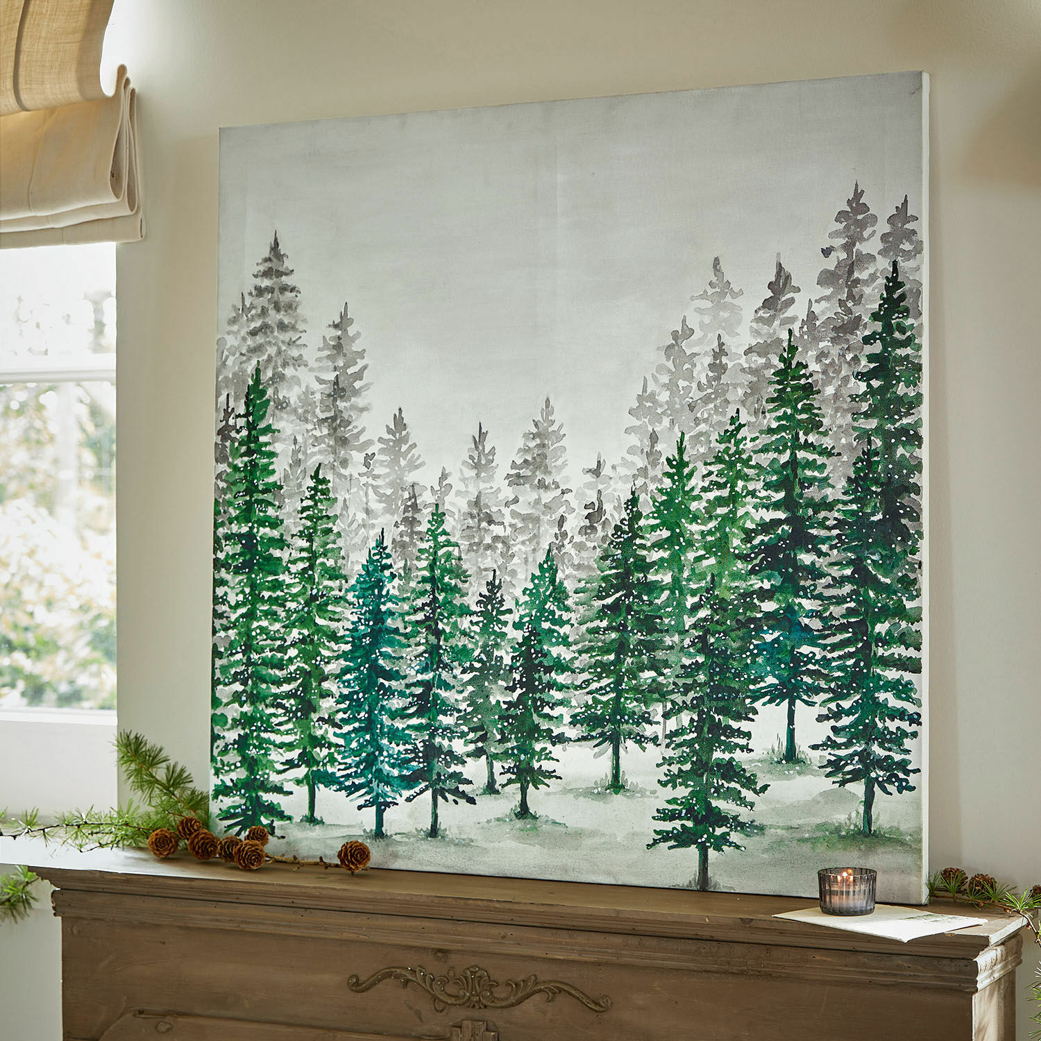 Tableau Mierta Tableau sur toile avec sapins verts et gris, décoration murale naturelle pour salon