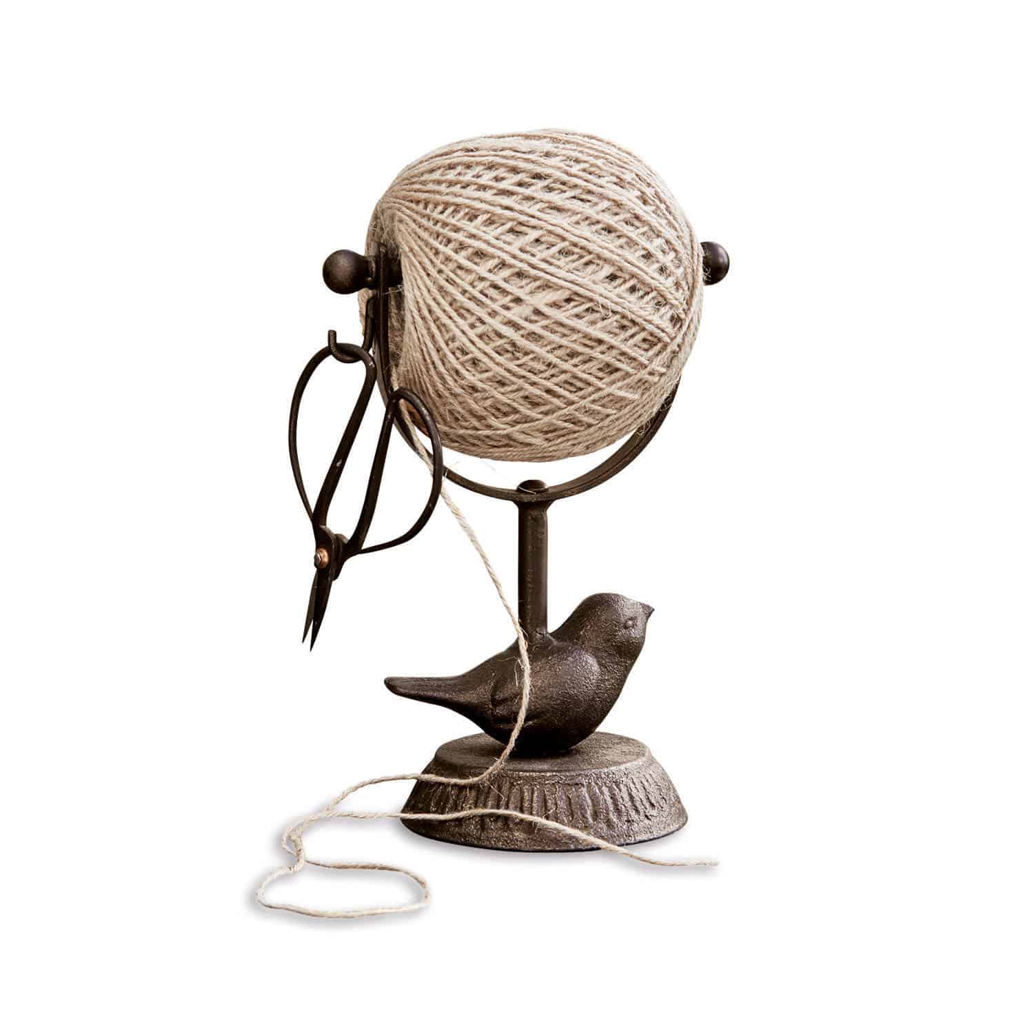 Dévidoir à ficelle Ortolan Support en métal noir avec oiseau, bobine de ficelle et ciseaux pour couper le fil