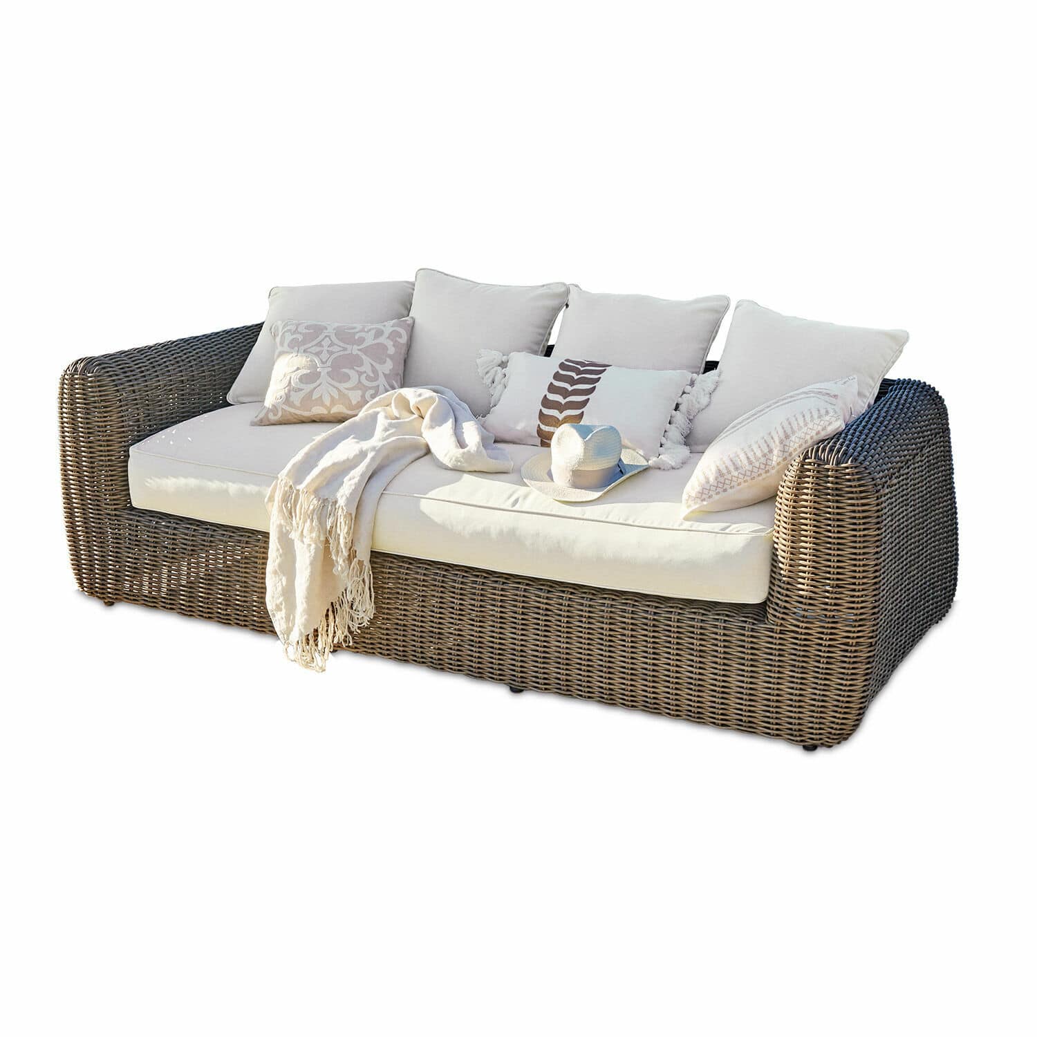 Canapé Bogdanne Canapé en rotin avec coussins crème et plaid, parfait pour jardin et terrasse