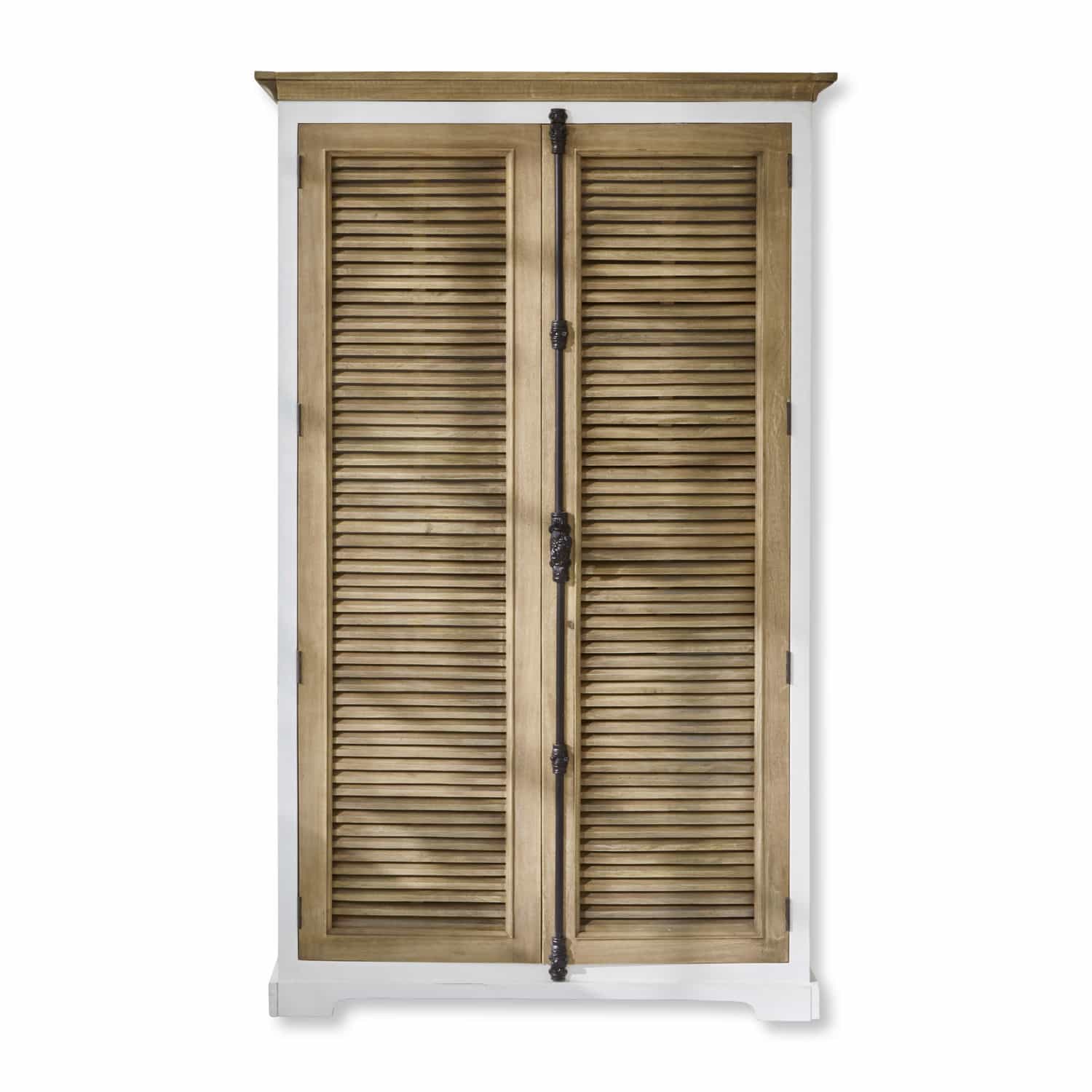 Armoire Comtois Armoire en bois de manguier blanc et naturel avec portes à persiennes pour rangement pratique
