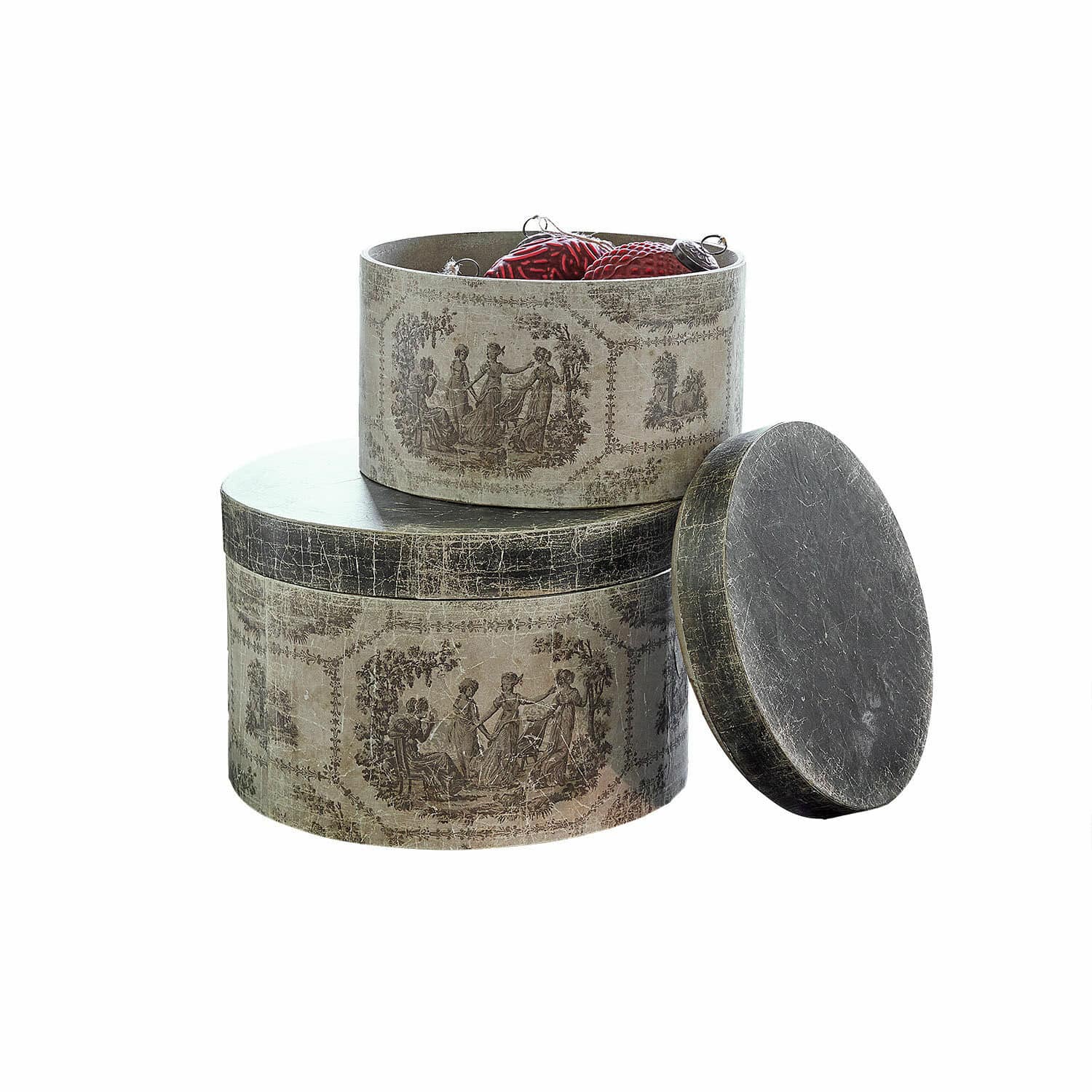 Lot de 2 boîtes Eltharien Boîtes rondes décoratives avec motif vintage en tons gris-beige pour ranger des décorations de Noël