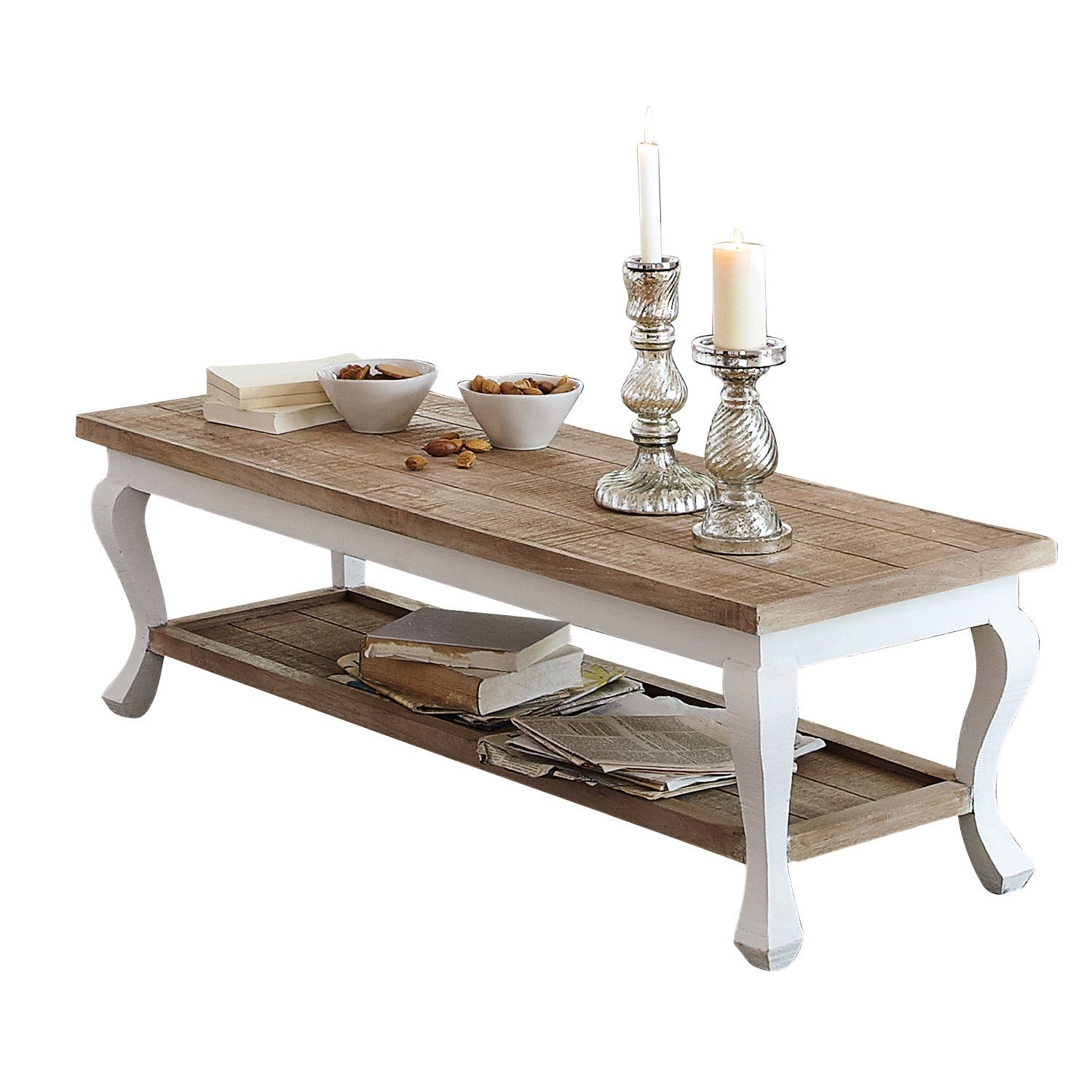 Table basse Riverside Table basse en bois avec pieds blancs et étagère, décorée de bougies et bols de noix