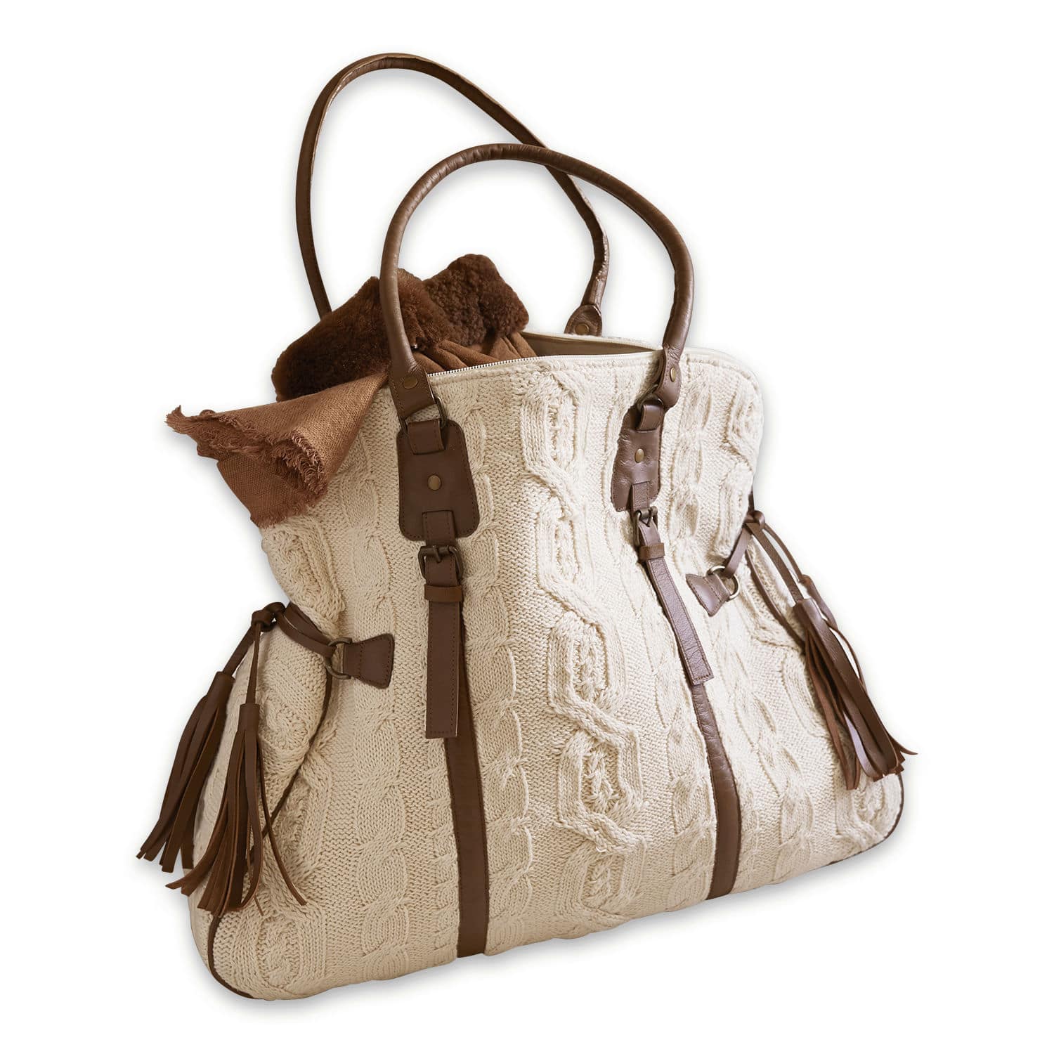 Sac Donna en tissu tricoté crème avec lanières en cuir marron, accessoire de mode élégant