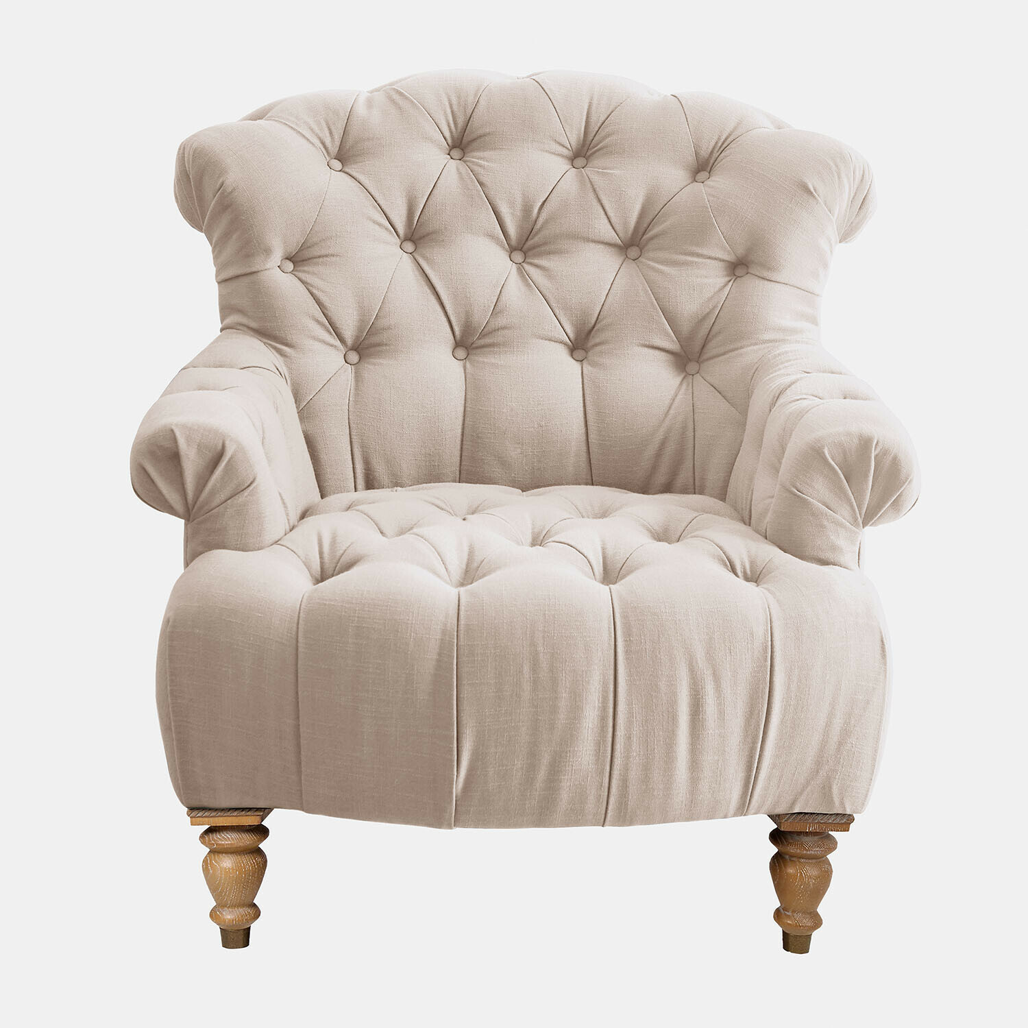 lin Fauteuil Springfield en lin beige avec dossier capitonné et pieds en bois, meuble élégant pour salon