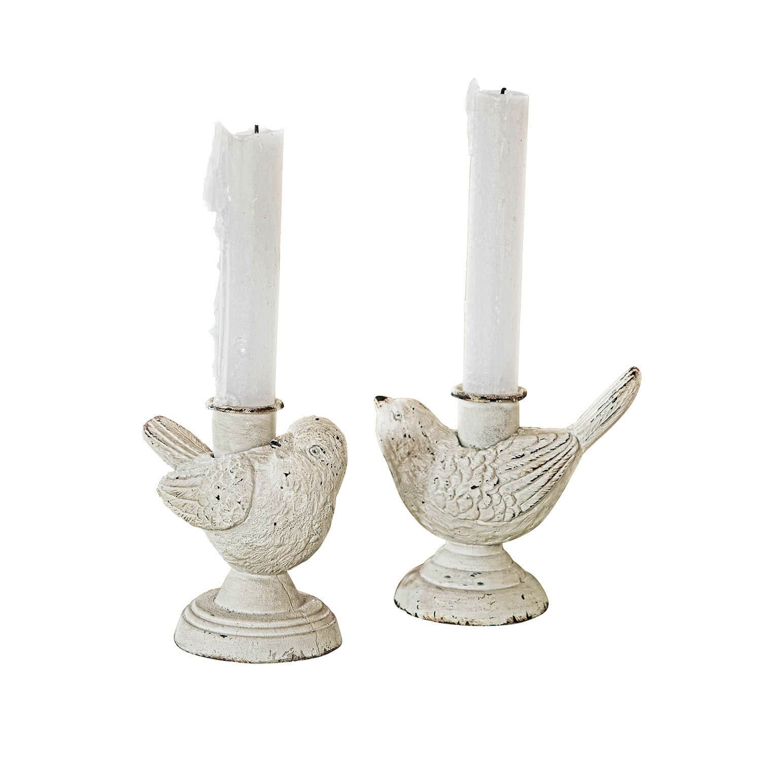 Lot de 2 bougeoirs Finna Paire de bougeoirs blancs en métal vieilli avec motif d'oiseau pour décoration intérieure