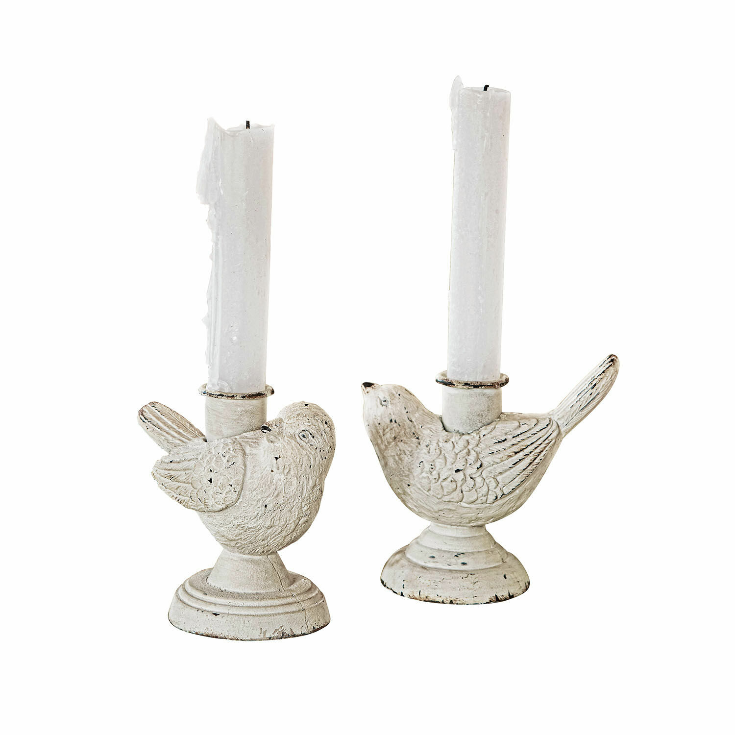 Lot de 2 bougeoirs Finna Paire de bougeoirs blancs en métal vieilli avec motif d'oiseau pour décoration intérieure