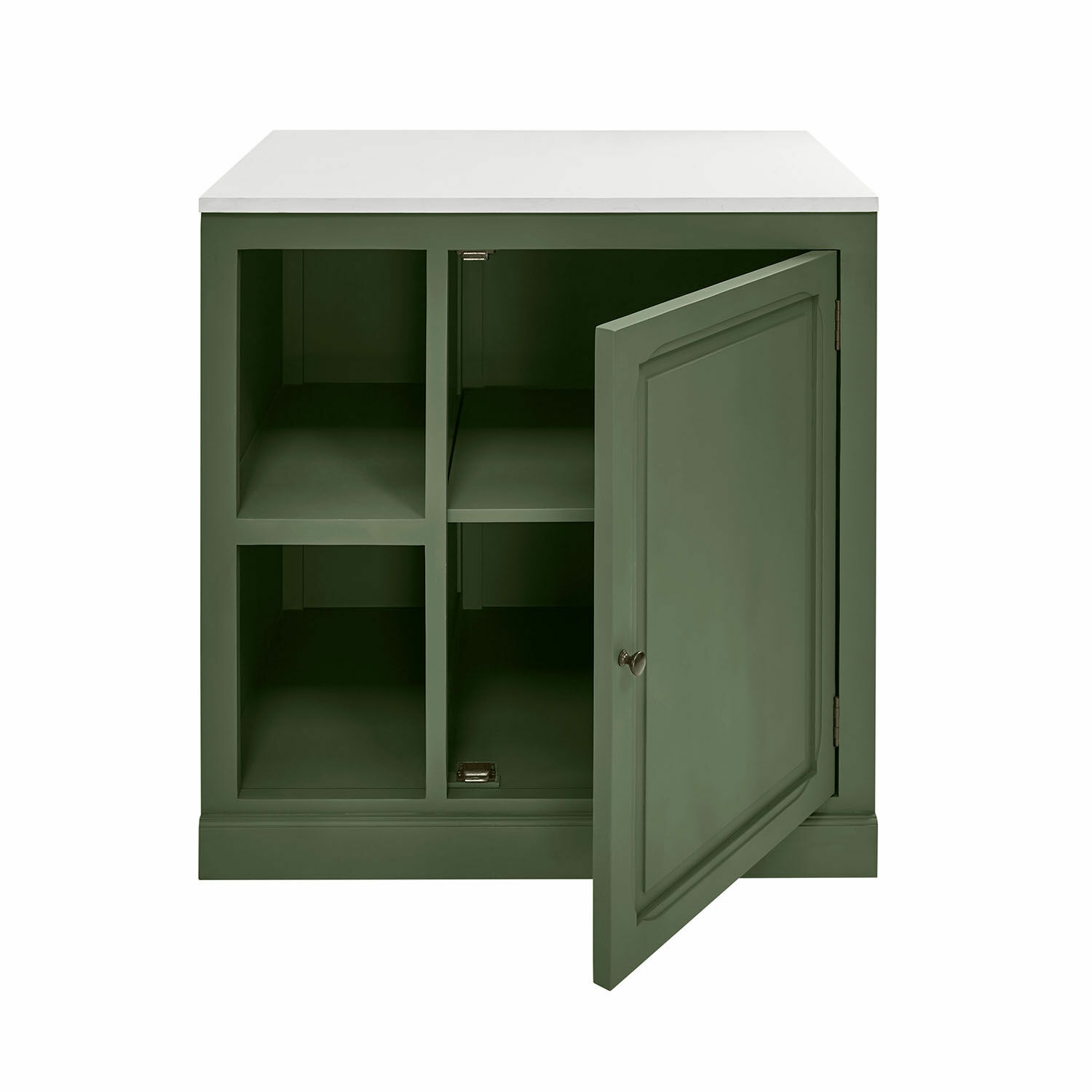 Vaisselier Lansbury Armoire verte en bois avec plateau blanc et étagères ouvertes pour rangement intérieur