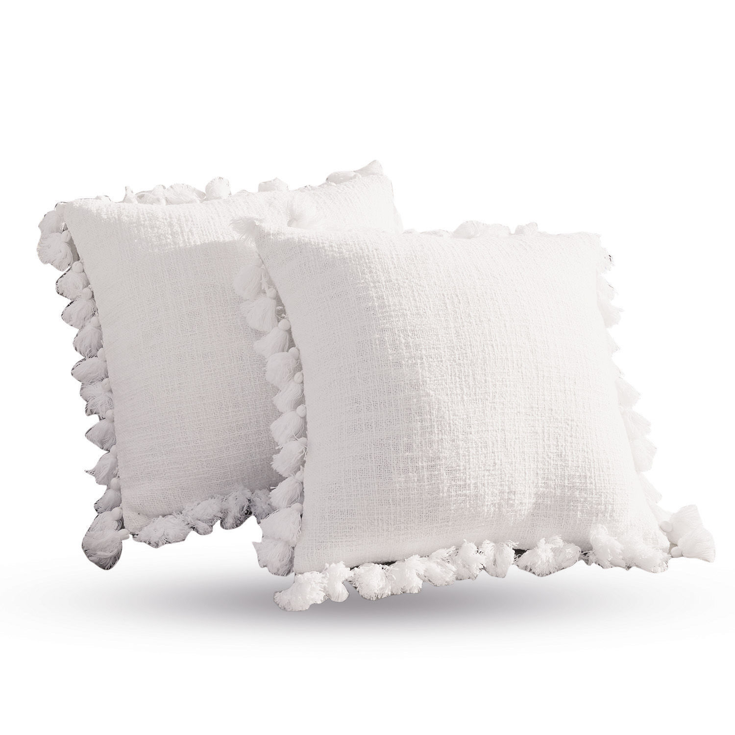 Lot de 2 housses de coussins Peniel Coussins décoratifs blancs en coton avec pompons, doux et élégants pour salon ou chambre