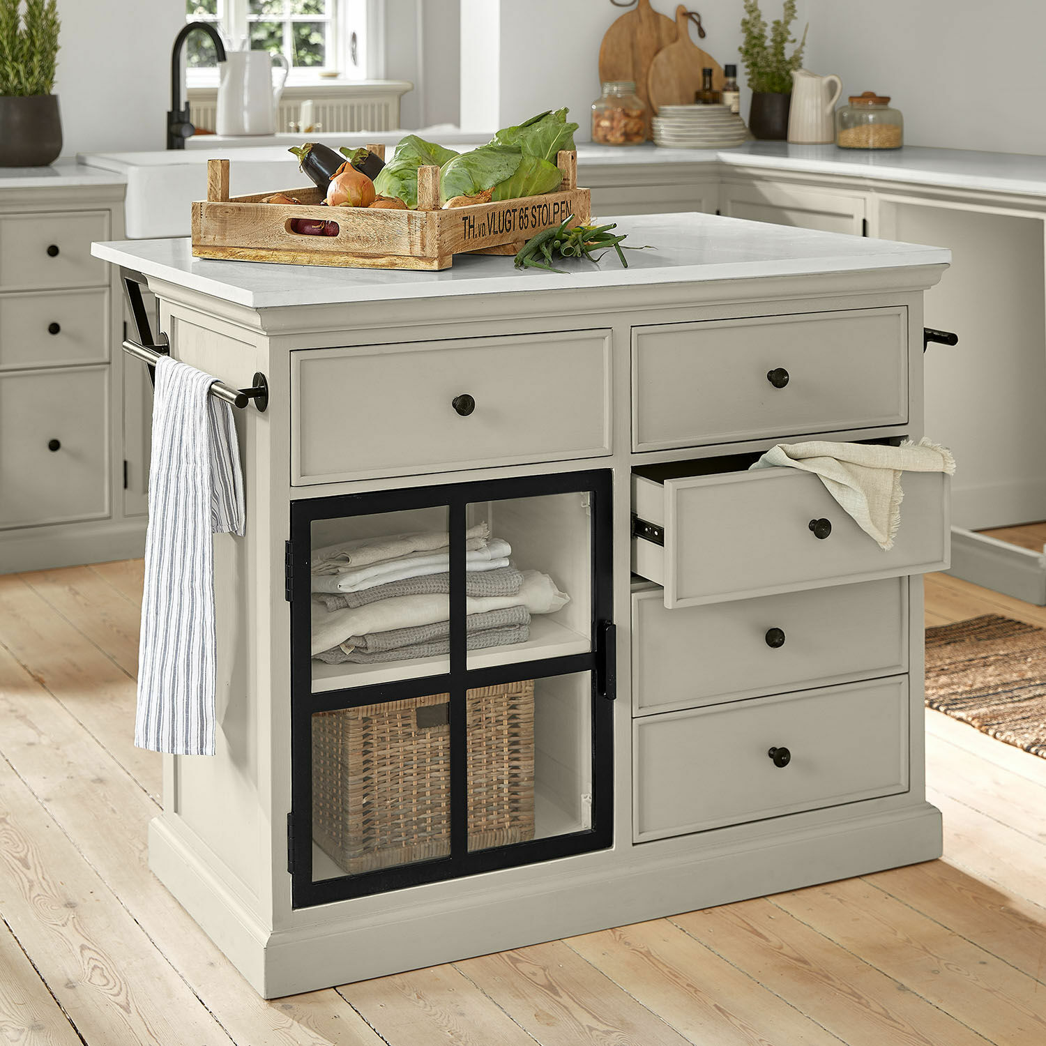 Îlot de cuisine Orlévine Îlot de cuisine gris avec plan de travail en marbre et porte vitrée, meuble de rangement pratique