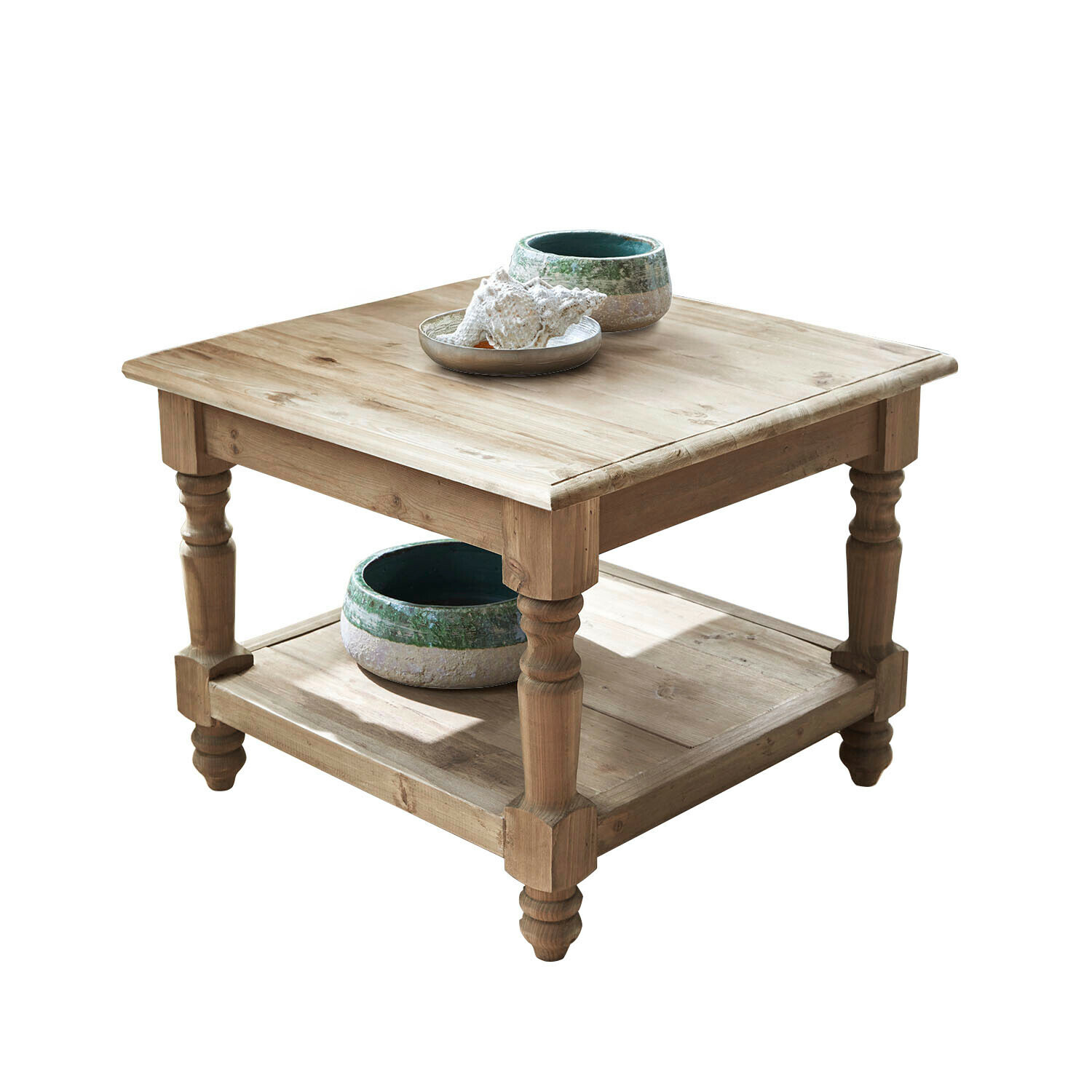 Table basse Belméran Table basse carrée en pin naturel avec étagère inférieure et bols en céramique décoratifs verts