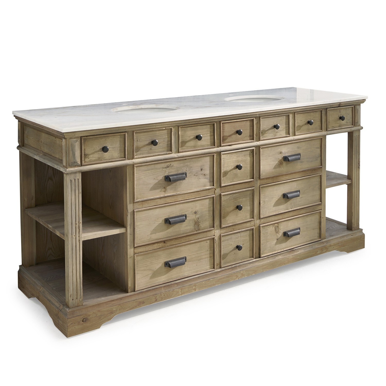 Meuble à double-vasque Covingale Meuble de salle de bain en bois naturel avec plan en marbre blanc et multiples tiroirs de rangement