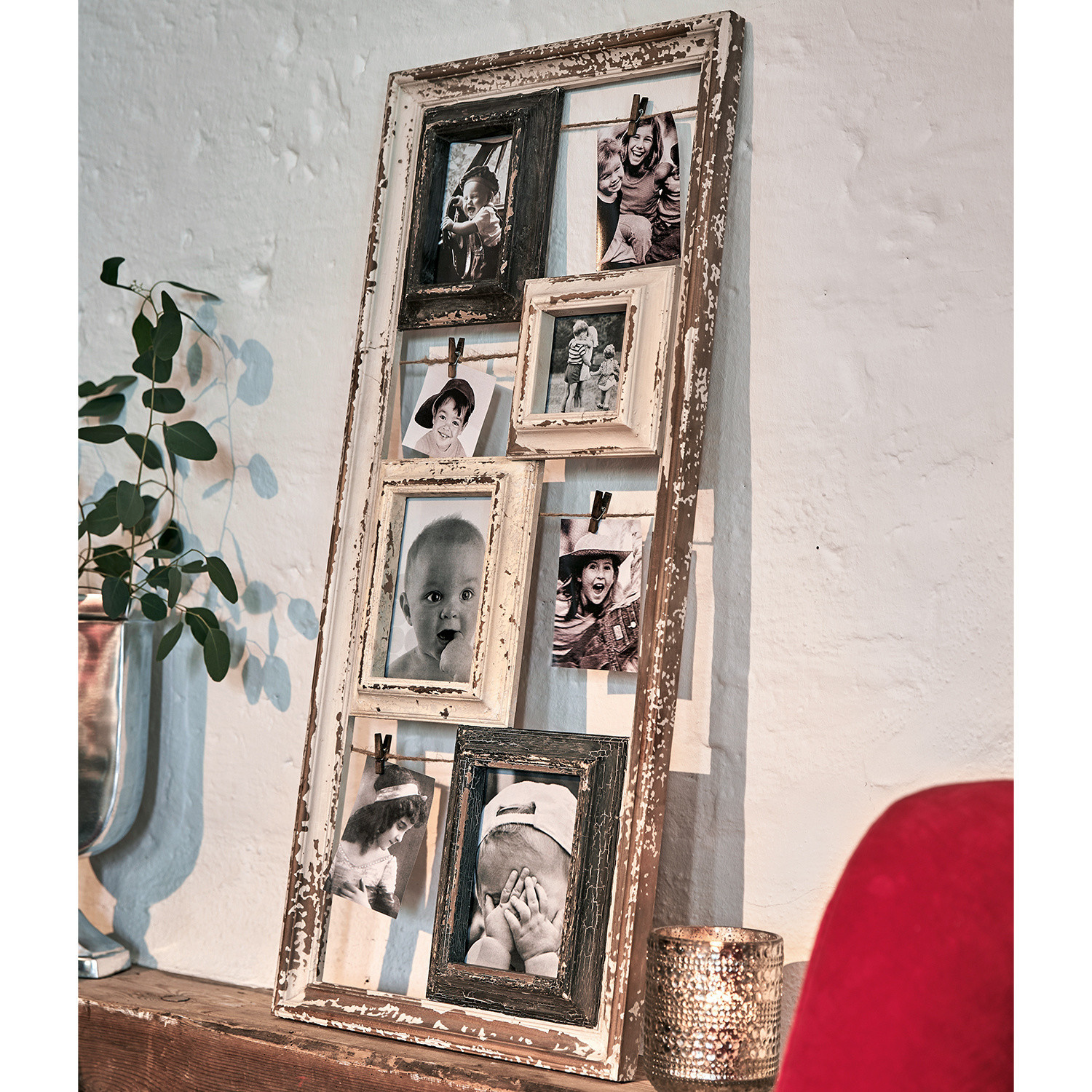 Cadres Memories Cadre photo rustique en bois blanc et noir avec finition vieillie, décoration murale vintage pour photos