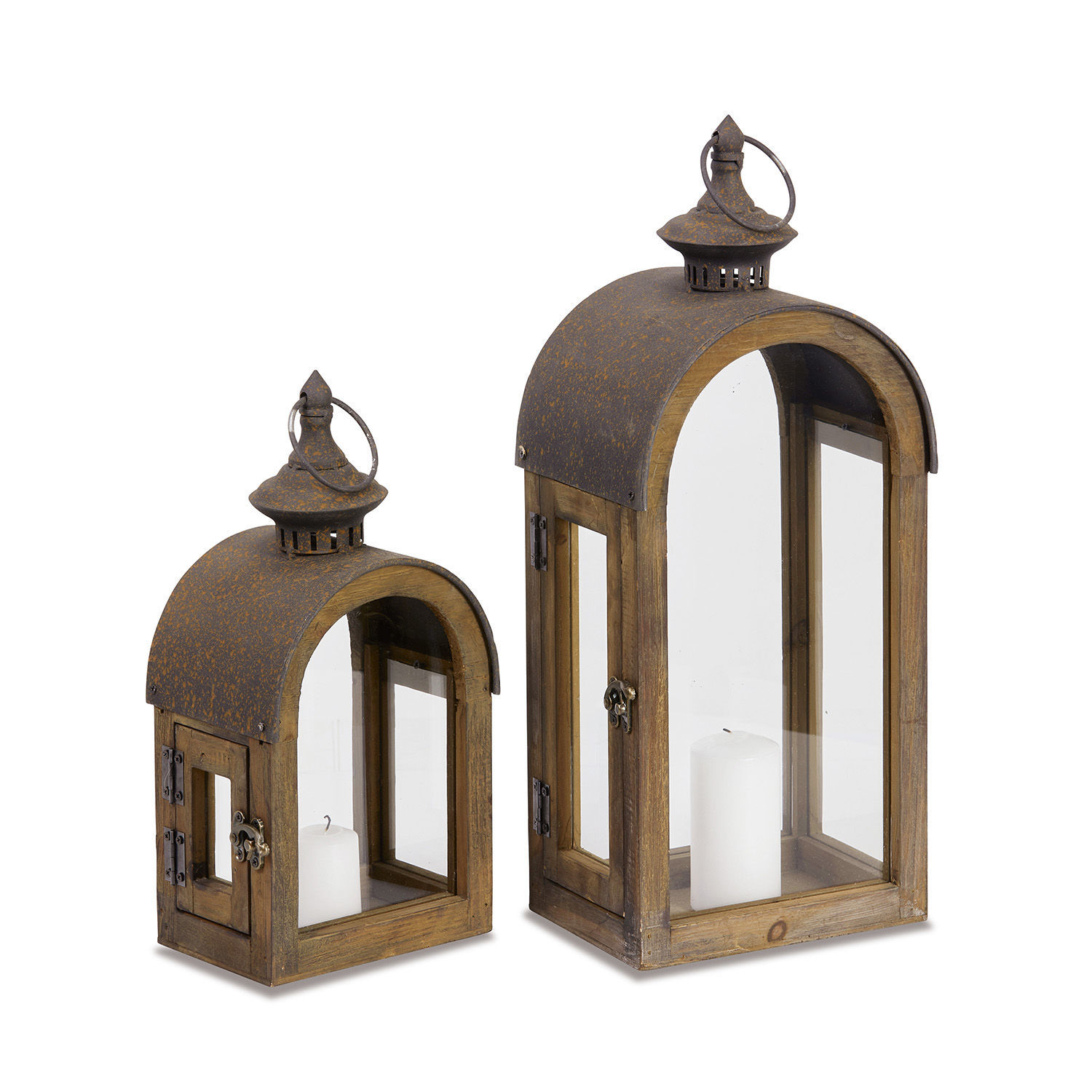 Lot de 2 lanternes Jadon Lanternes en bois avec couvercles métalliques patinés et bougies blanches pour décoration intérieure et extérieure
