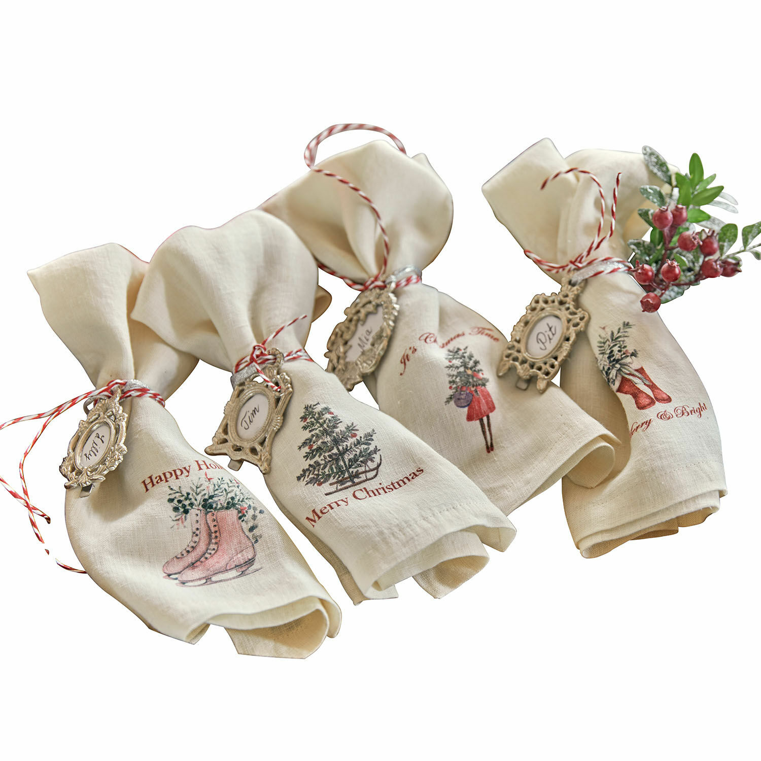 Lot de 4 serviettes Merry & Bright Ensemble de serviettes en lin avec motifs de Noël et étiquettes décoratives, décoration de table festive