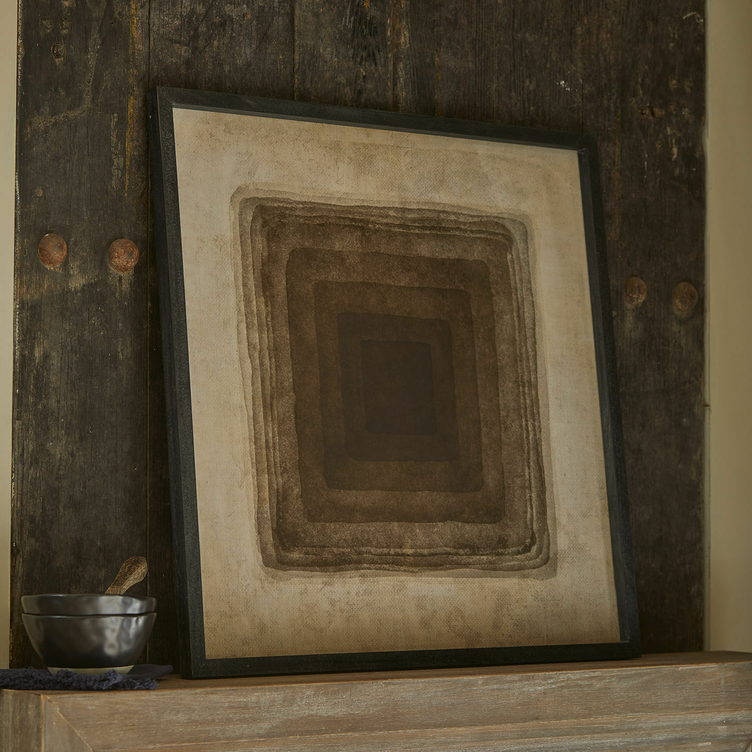 Tableau Zayden Tableau décoratif avec motif géométrique en nuances de brun sur fond beige, décoration murale moderne