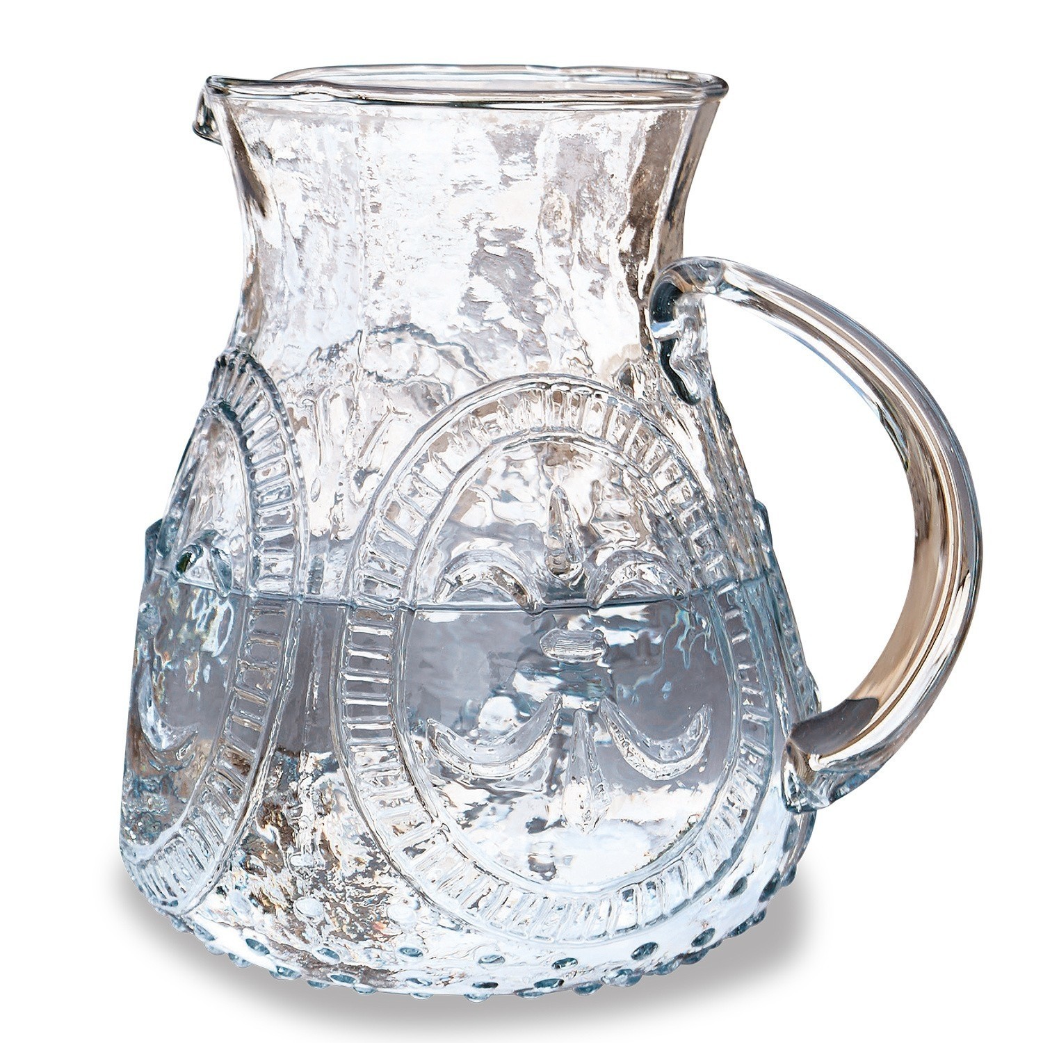 Pichet Pépin Carafe en verre transparent avec reliefs décoratifs et anse, parfaite pour servir des boissons