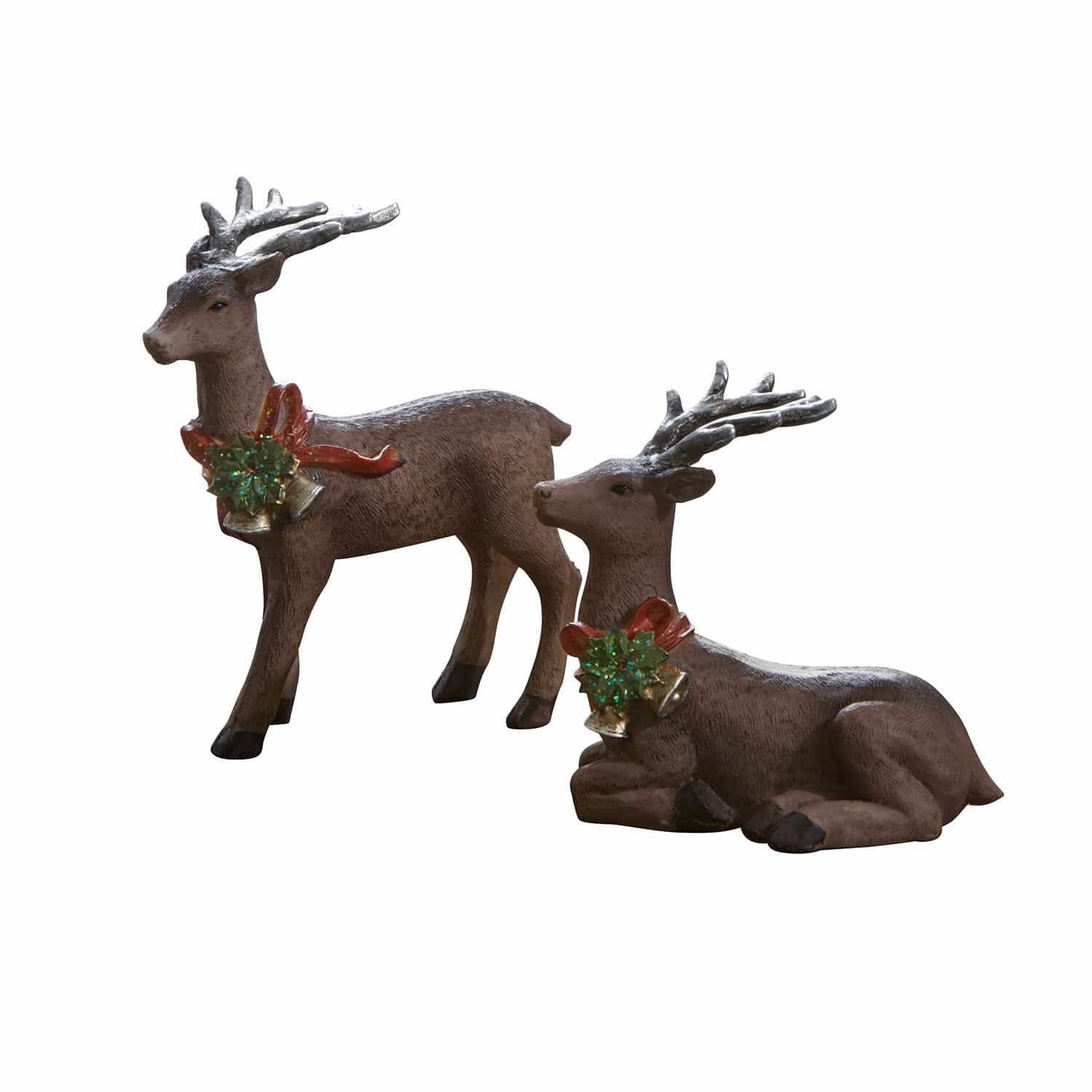 Lot de 2 cerfs Ando Deux rennes décoratifs marron avec bois et nœuds de Noël rouges, décoration festive intérieure