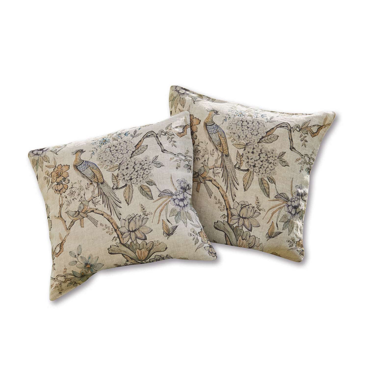 Lot de 2 housses de coussins Lorry Ensemble de deux coussins décoratifs en lin beige avec motifs d'oiseaux et de fleurs pour salon