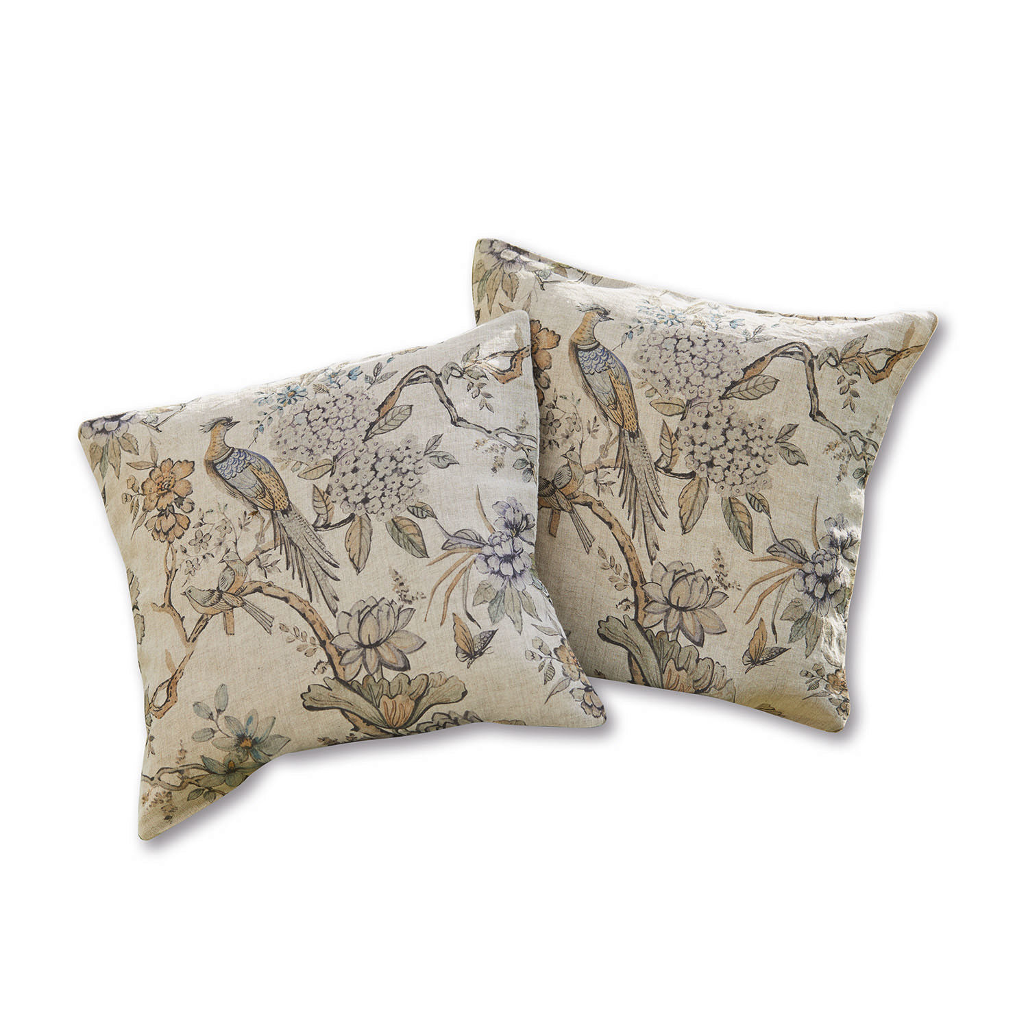 Lot de 2 housses de coussins Lorry Ensemble de deux coussins décoratifs en lin beige avec motifs d'oiseaux et de fleurs pour salon