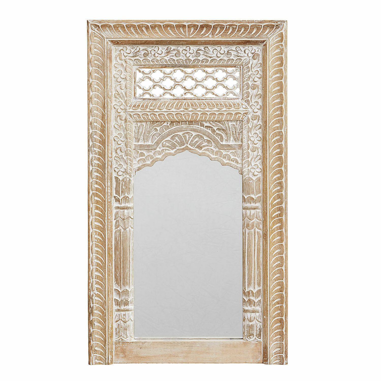 Miroir Miette Cadre de miroir en bois sculpté couleur naturelle avec patine blanche, design décoratif élégant