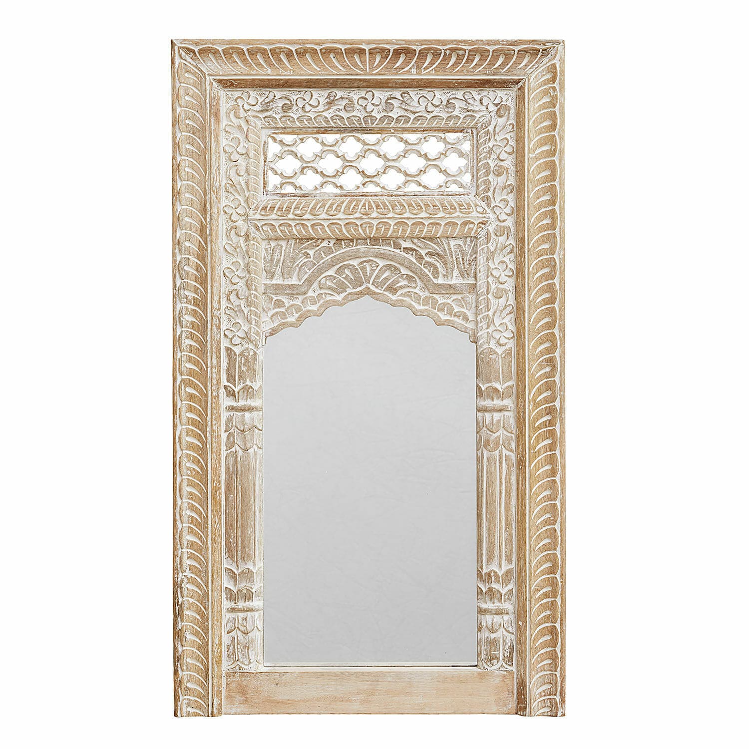 Miroir Miette Cadre de miroir en bois sculpté couleur naturelle avec patine blanche, design décoratif élégant