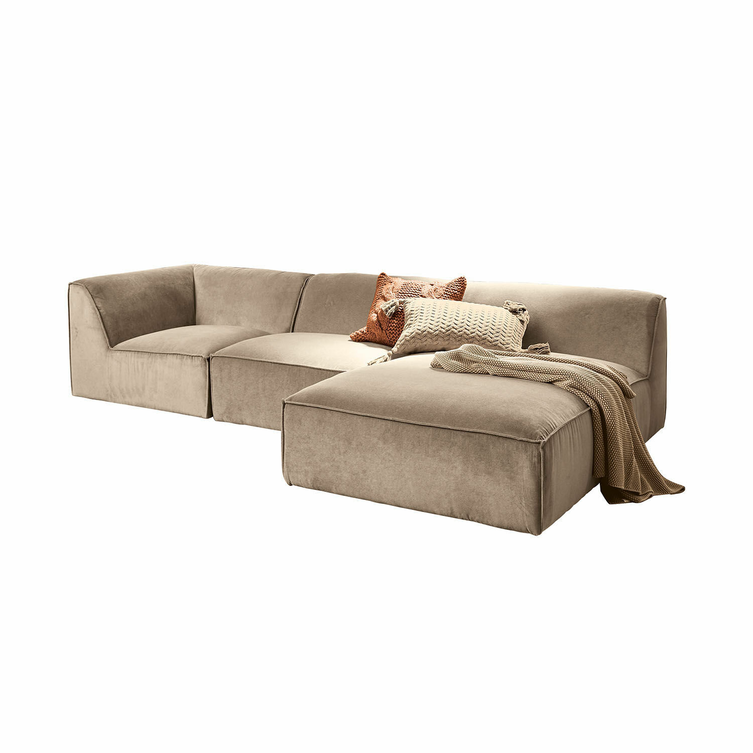Canapé McLean Canapé modulable beige en tissu doux avec coussins et plaid, meuble de salon moderne confortable