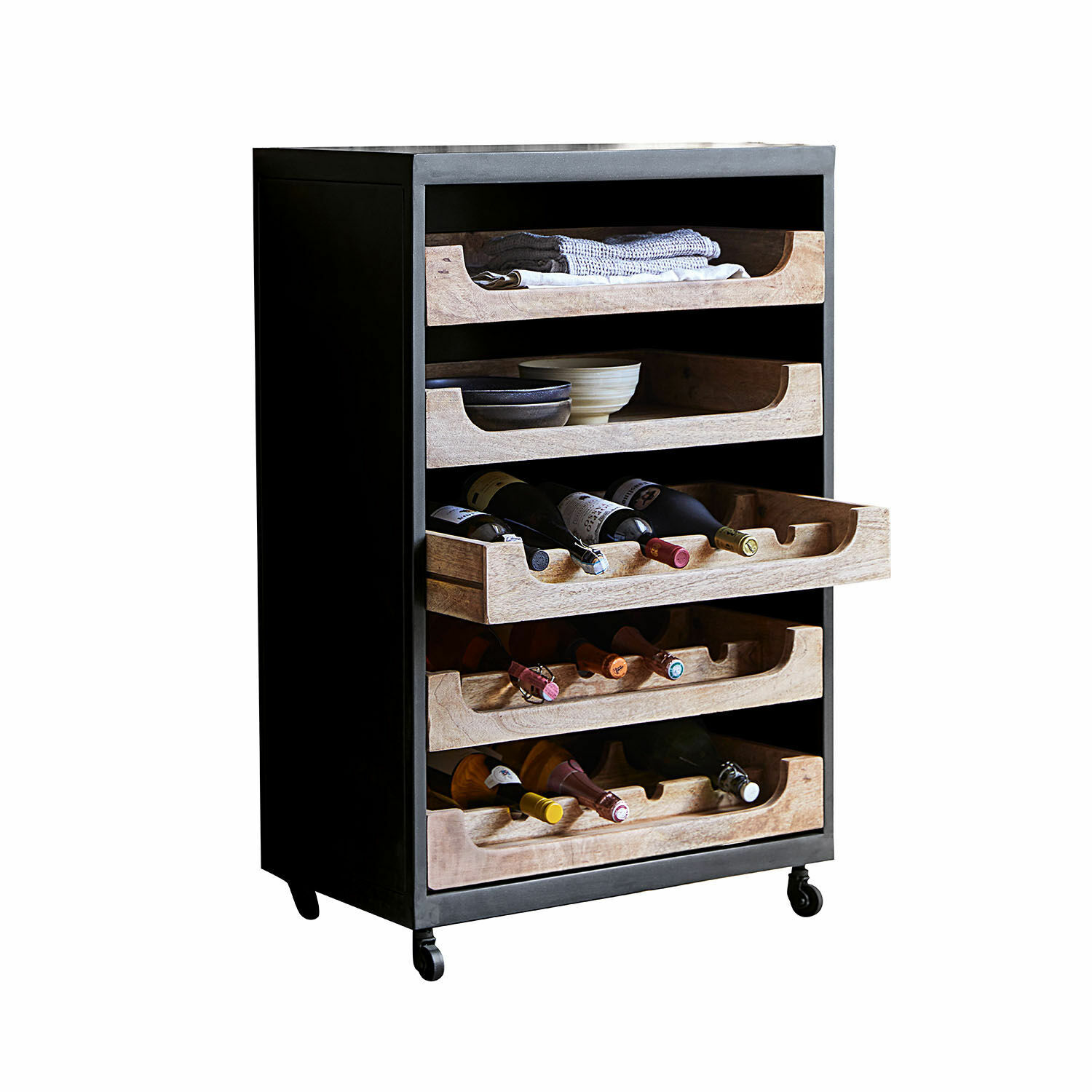 Étagère à bouteilles Jacksonville Meuble noir en métal sur roulettes avec tiroirs en bois pour bouteilles de vin et accessoires
