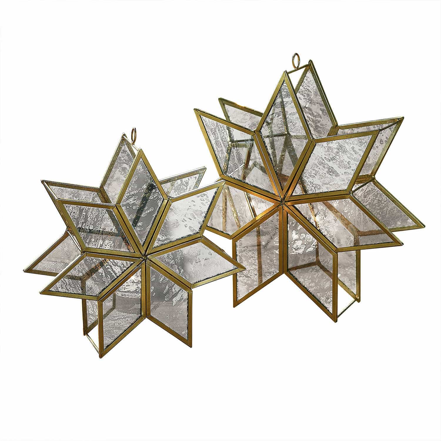 Lot de 2 porte-bougies Zaydan Étoiles décoratives en laiton et verre vieilli, ornements suspendus pour décoration festive