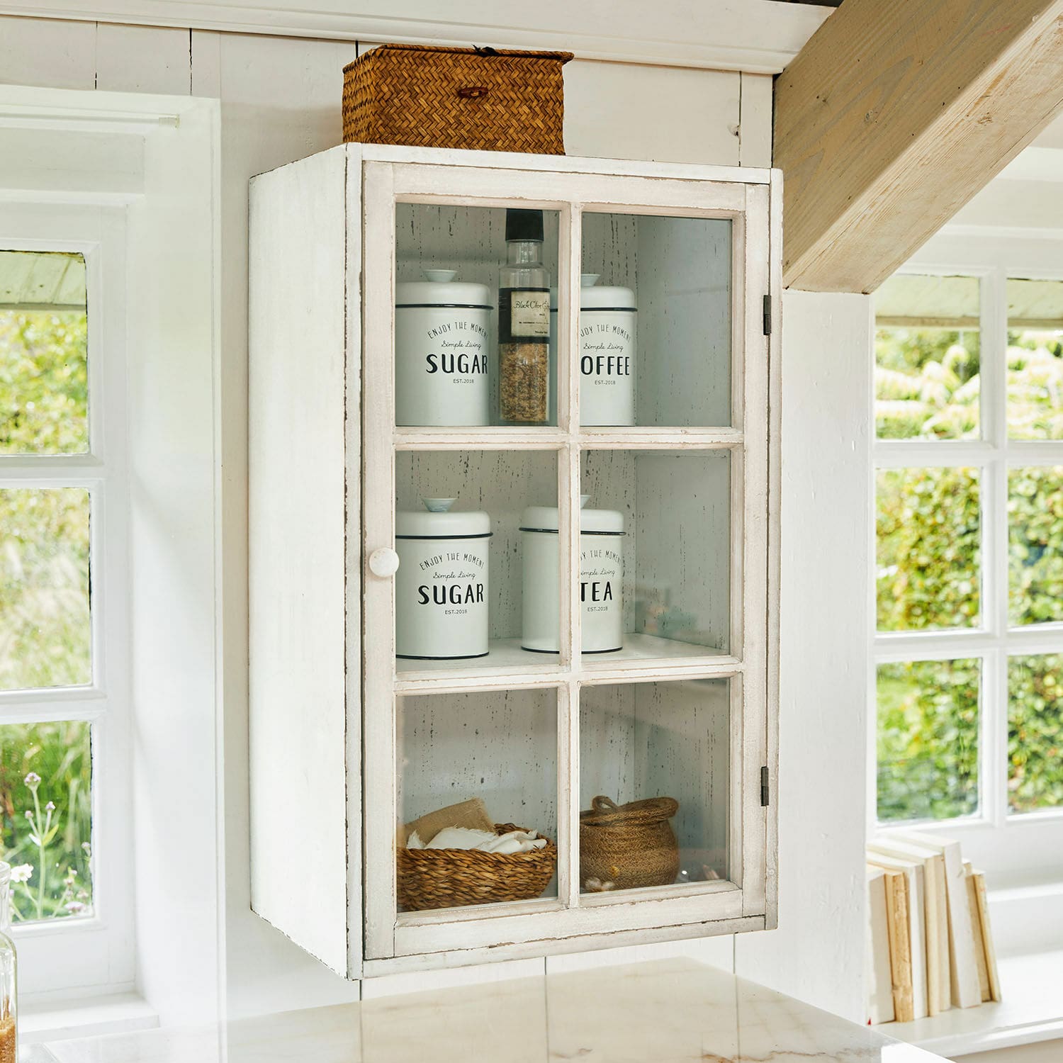 Lot de 2 armoires suspendues Piavo Armoire murale blanche en bois avec porte vitrée et bocaux pour sucre, café et thé