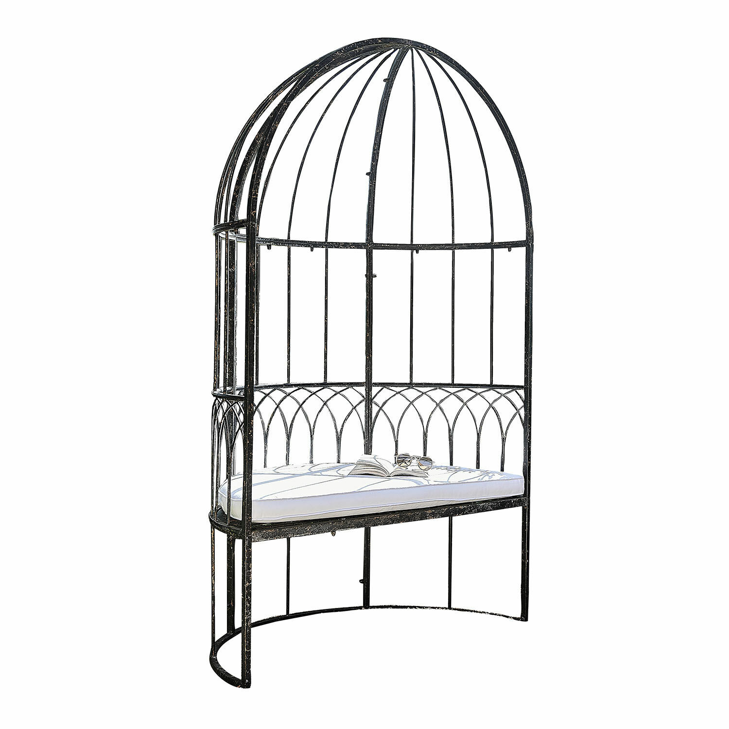 Banc Rivandelle Banc en métal noir avec coussin blanc et toit décoratif style jardin
