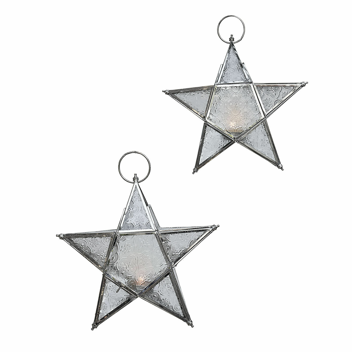 Lot de 2 photophores Kian Étoiles décoratives en verre et métal argenté, ornements suspendus pour décoration festive