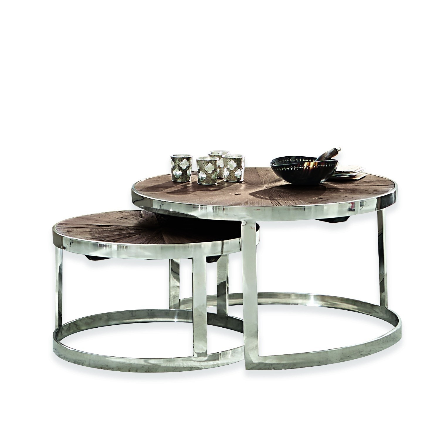 Lot de 2 tables basses Houghton Ensemble de deux tables basses rondes avec plateau en bois foncé et cadre métallique, design moderne