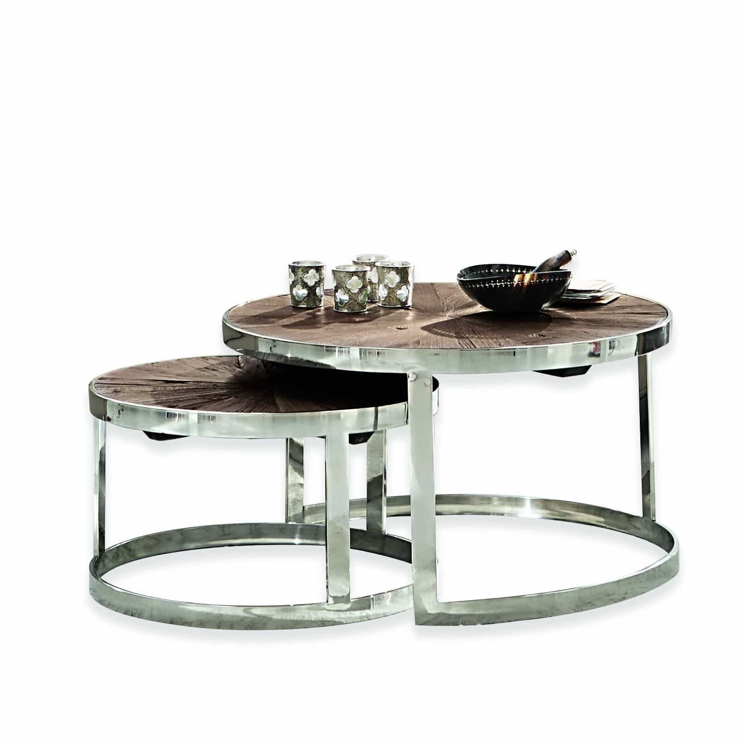 Lot de 2 tables basses Houghton Ensemble de deux tables basses rondes avec plateau en bois foncé et cadre métallique, design moderne