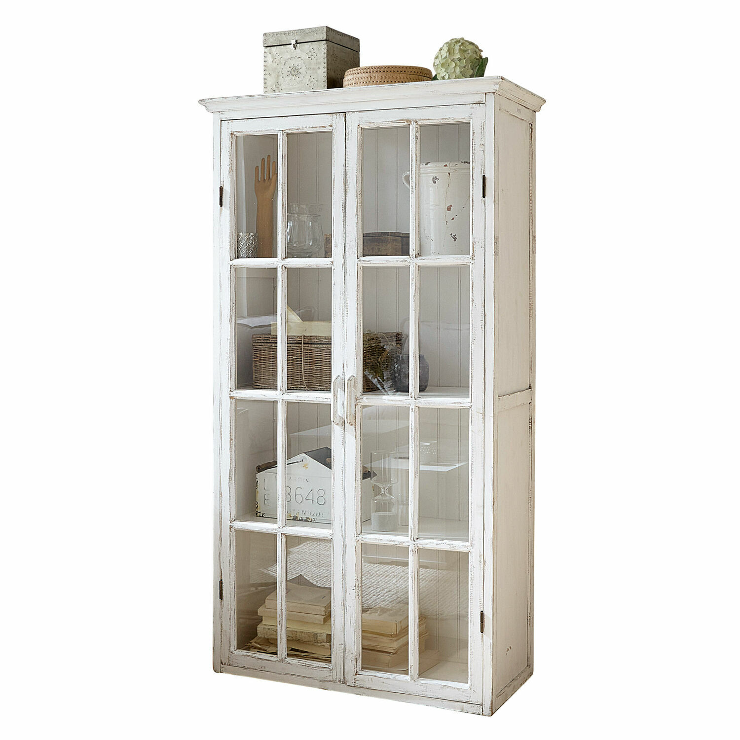 Vitrine Keanu Vitrine en bois blanc avec portes vitrées et étagères décoratives pour salon