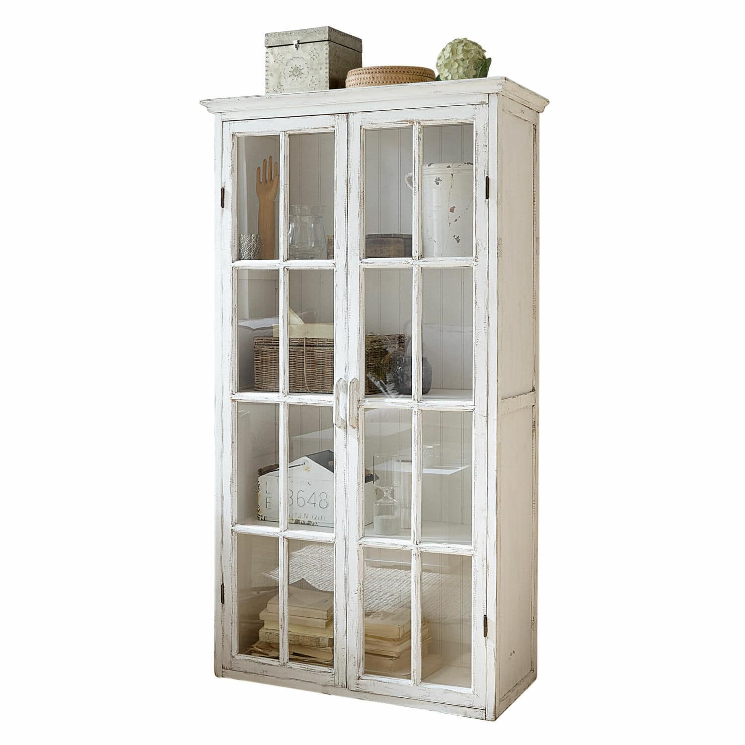 Vitrine Keanu Vitrine en bois blanc avec portes vitrées et étagères décoratives pour salon