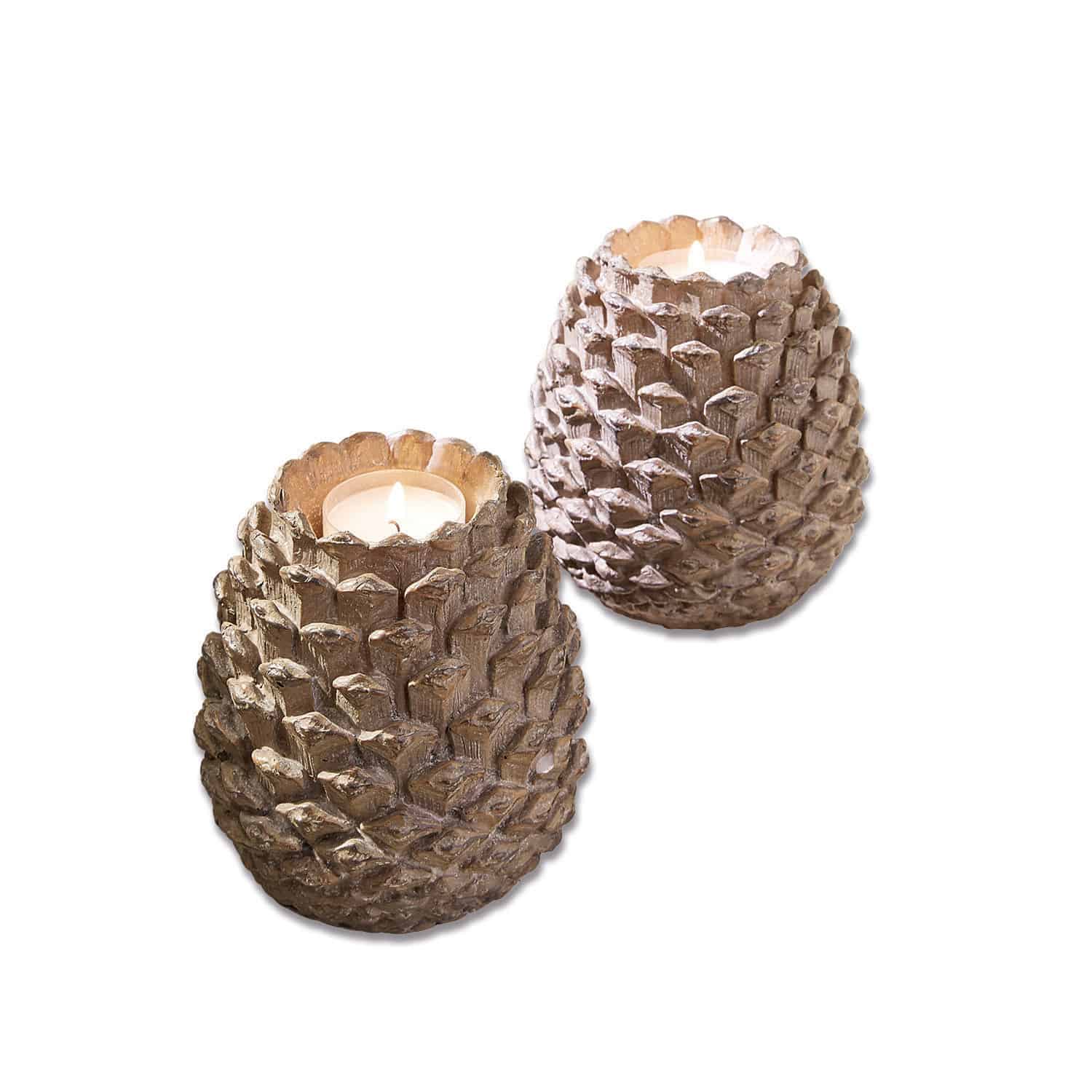 Lot de 2 photophores Butz Deux bougeoirs en forme de pomme de pin en bois couleur naturelle pour décoration intérieure